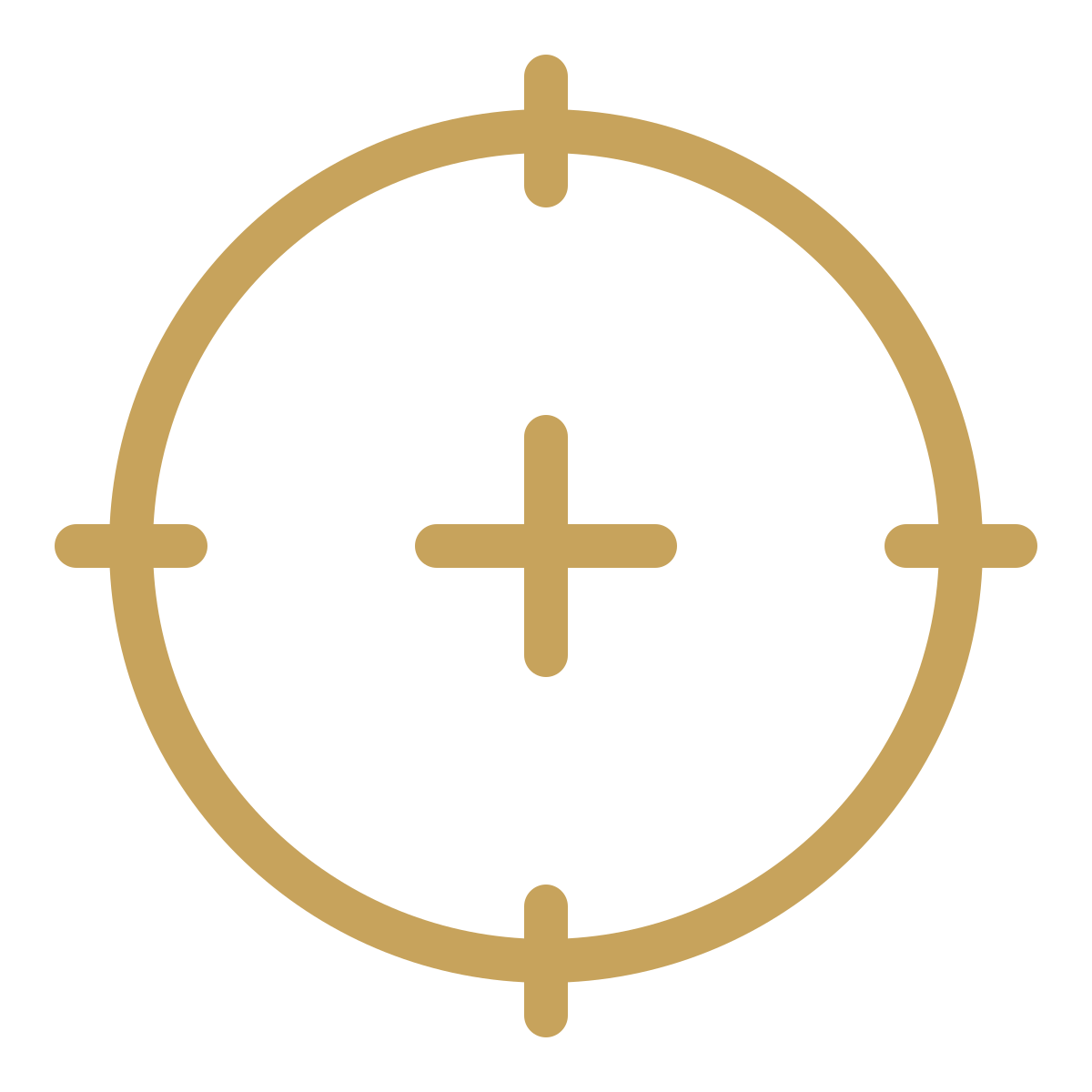 Gold-colored target icon with crosshairs on a black background.