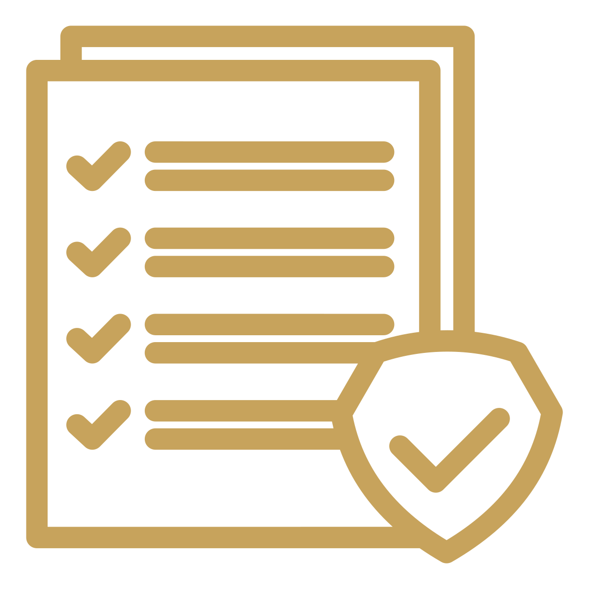 A checklist with four items, each marked with a checkmark, accompanied by a shield with a checkmark indicating security or validation.