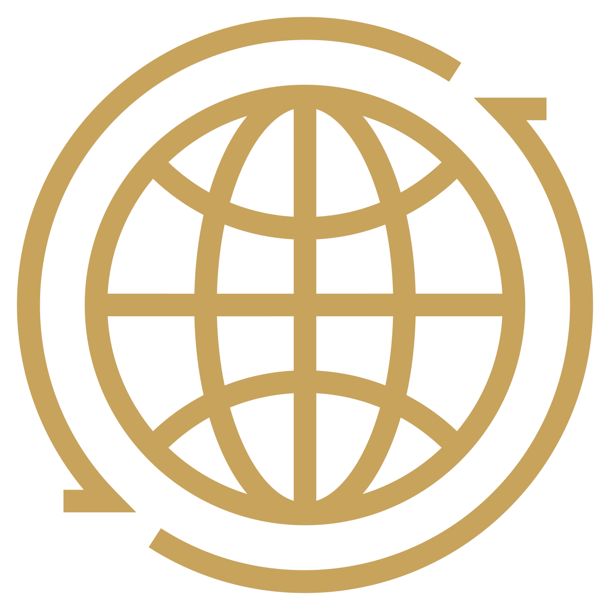 Gold-colored globe with latitude and longitude lines, encircled by two arrows forming a circle.