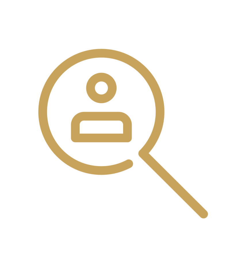 Icon of a magnifying glass focusing on a person silhouette representing search or user profile.