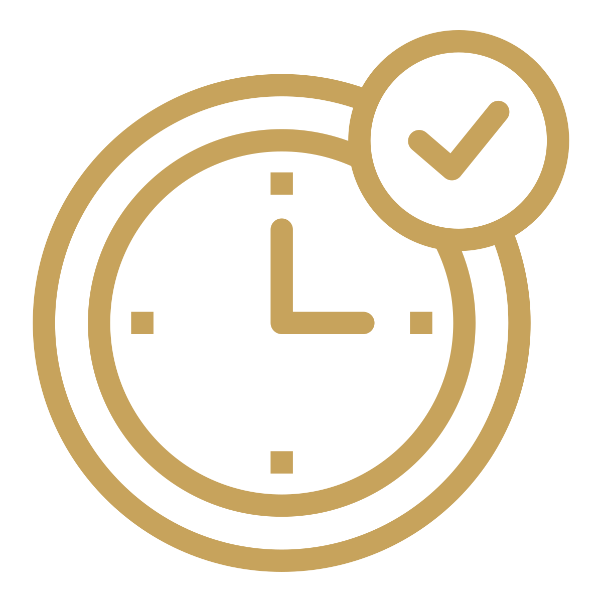 A gold outline clock with a checkmark icon in a circle at the top right, indicating time management or scheduling completion.