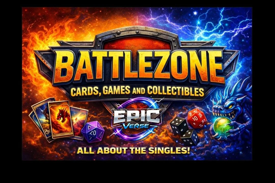 A colorful graphic promoting Battlezone cards, games, and collectibles, with images of cards, dice, and a dragon, and lightning effects.