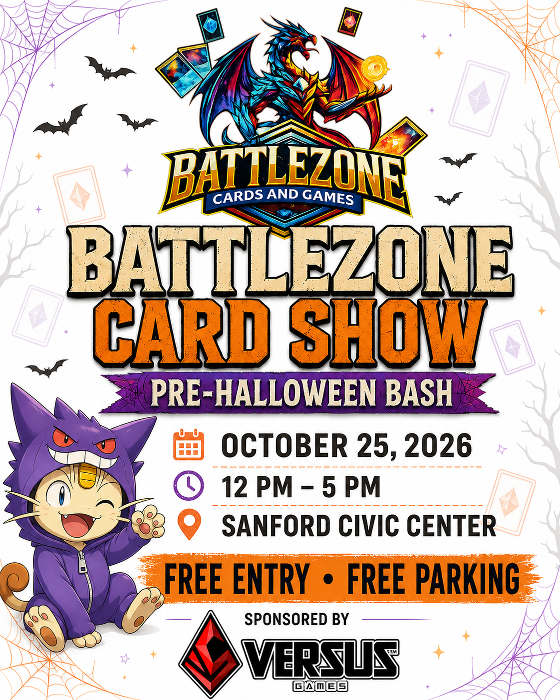 Halloween-themed poster for Battlezone Card Show with a dragon, a Winking cat with a purple hoodie, bats, spider webs, and event details including date, time, location, and sponsorship by Versus Games.