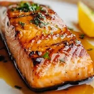 Cooked salmon fillet garnished with herbs, served with lemon slices