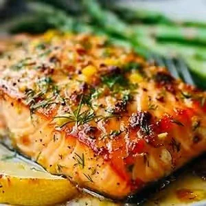 Baked salmon fillet garnished with herbs, served with lemon slices and green beans.