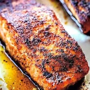 Close-up of a cooked, seasoned salmon fillet with a crispy, browned crust, resting on a baking sheet.