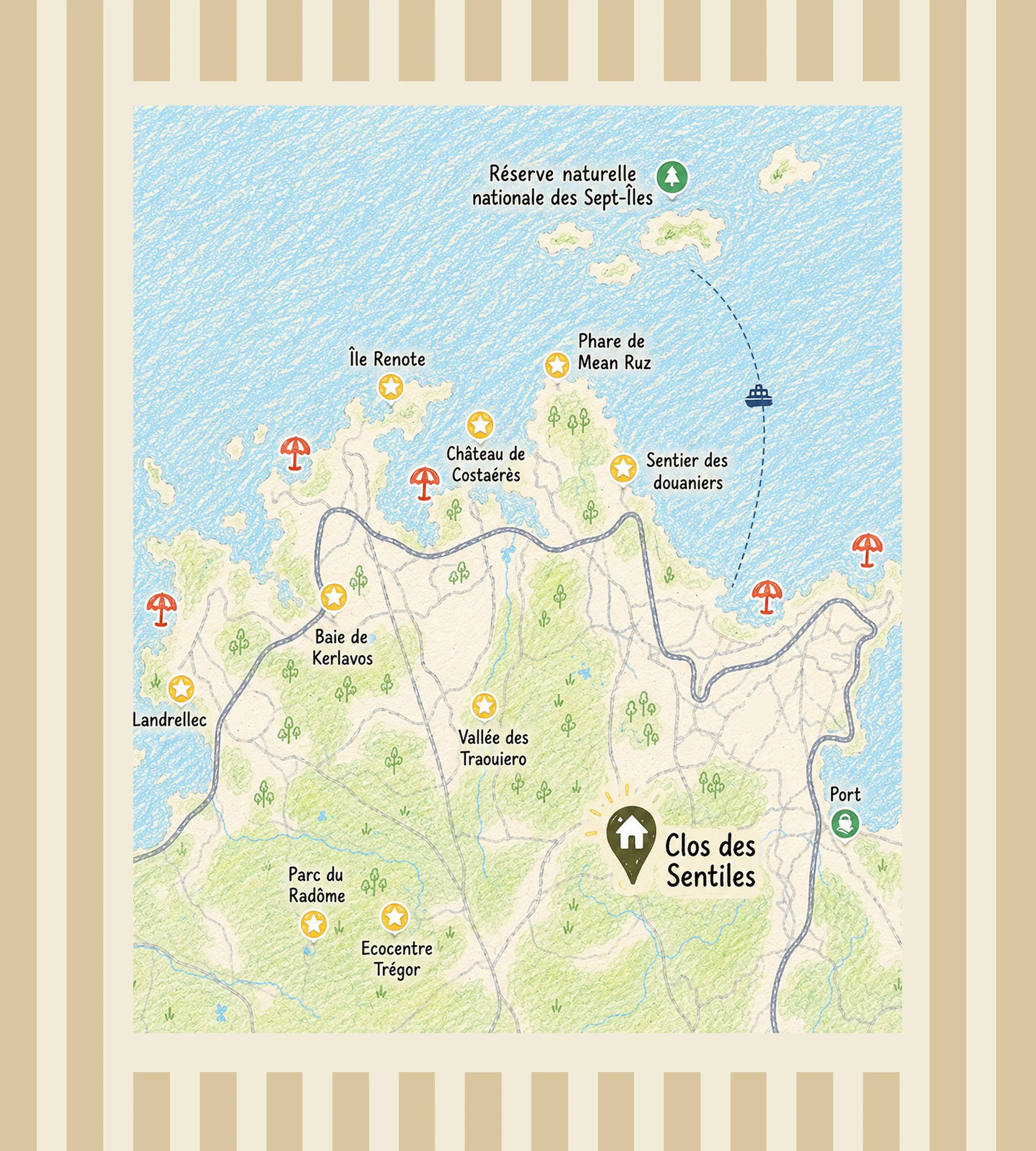 Carte illustrée de la Côte de Granit Rose avec plusieurs sites naturels et points d'intérêt autour du Clos des Sentiles tels que la Vallée des Traouiero, le Parc du Radôme, et diverses aires protégées et sentiers.