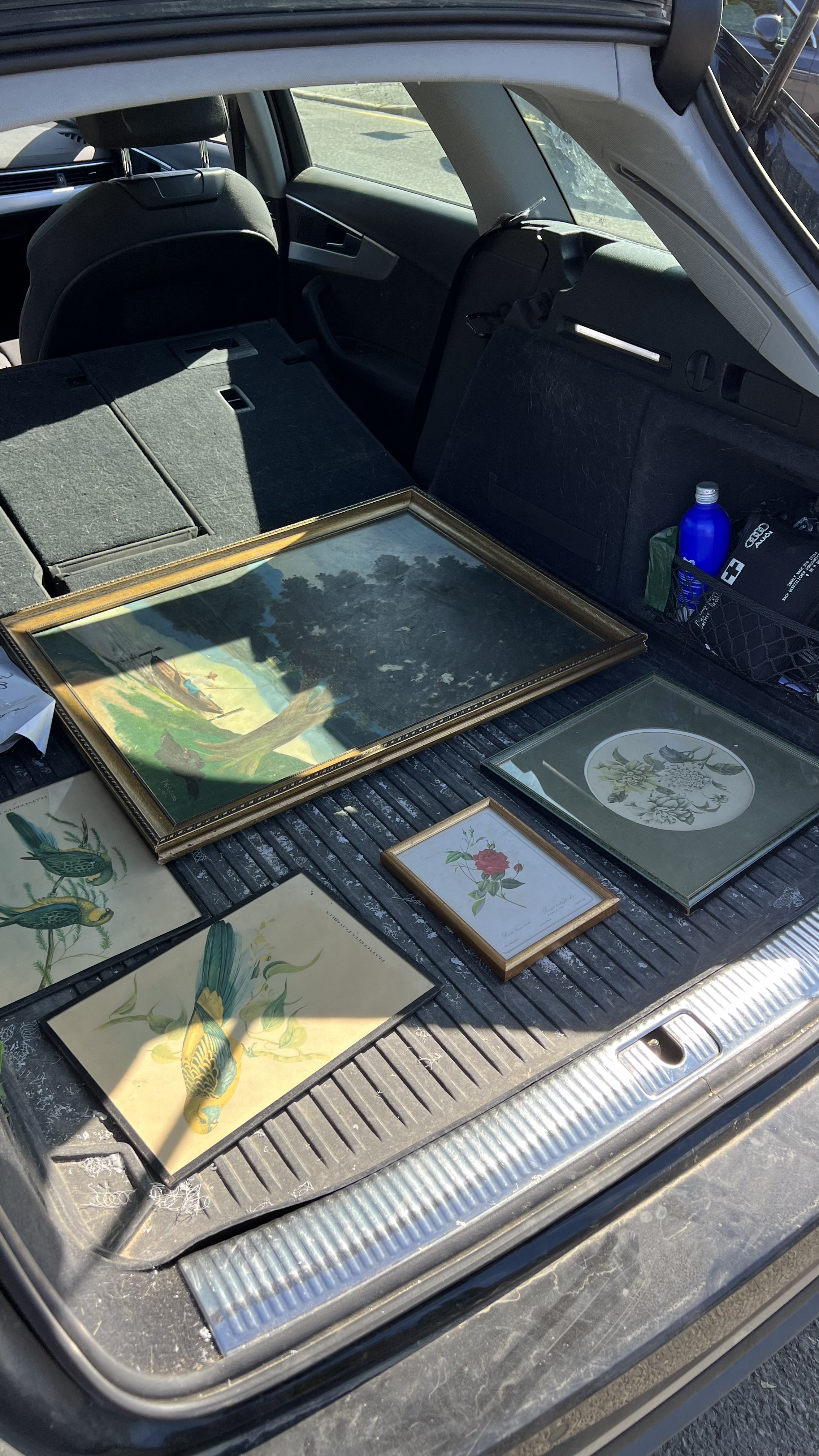 Le coffre d'une voiture rempli de cadres avec des illustrations de fleurs, oiseaux et paysages, seulement une bouteille d'eau et un sac noir sont visibles dans l'arrière-plan.