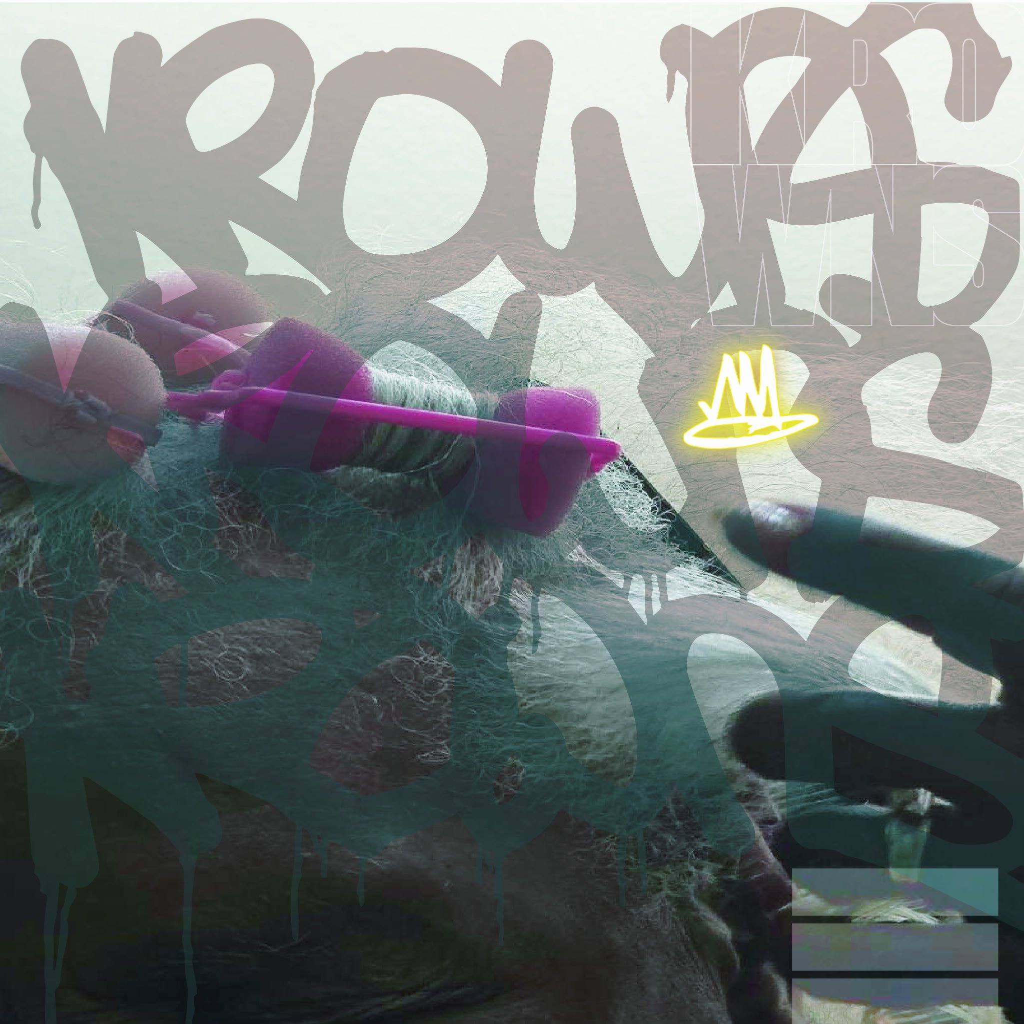 The image shows a barren, rocky landscape with a body of water in the background. Overlaid are large, stylized, semi-transparent words spelling 'ROAD TO THE FUTURE' in uppercase letters, with some of the letters outlined and others filled in. Bright,