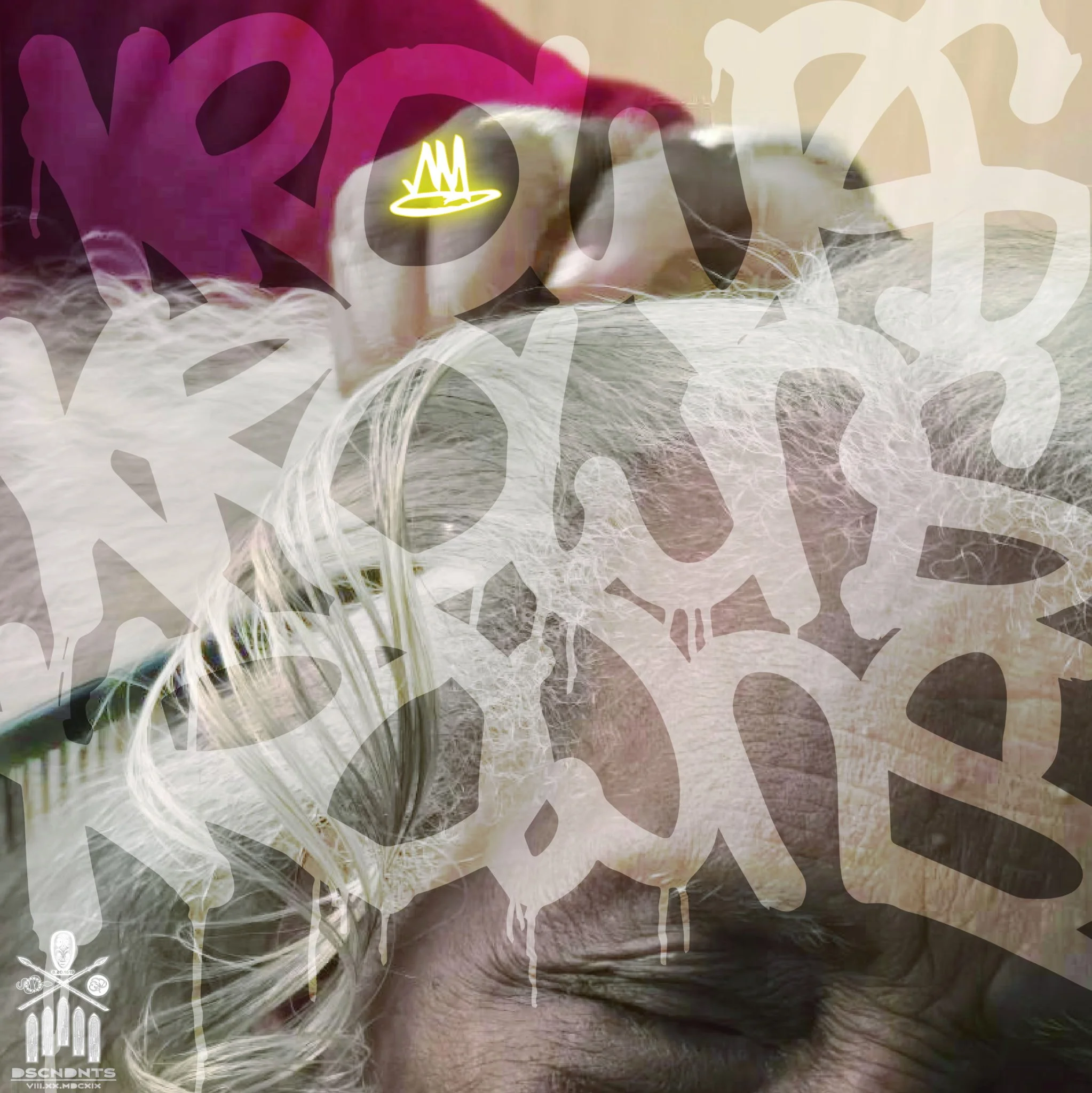 Close-up of a person's head with white hair, lying down on a brown surface, with overlayed network-like lines and a yellow crown icon near their forehead.