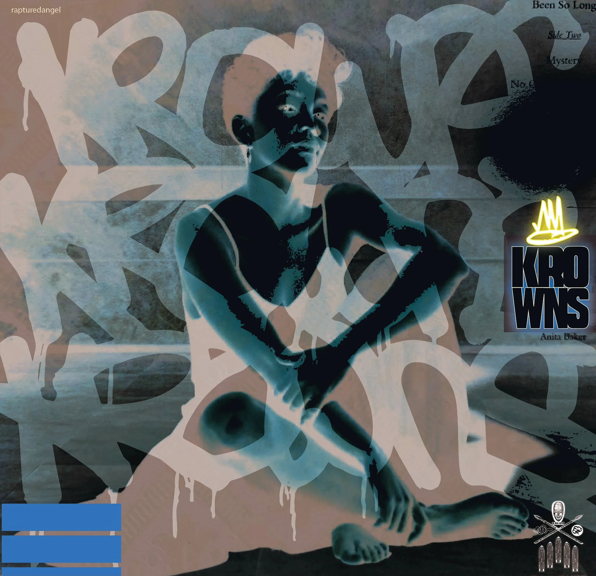 A stylized, grainy photo of a young person with short hair, wearing a tank top and earbuds, sitting on the beach with a calm ocean in the background. Superimposed text includes song lyrics and various graphic elements.