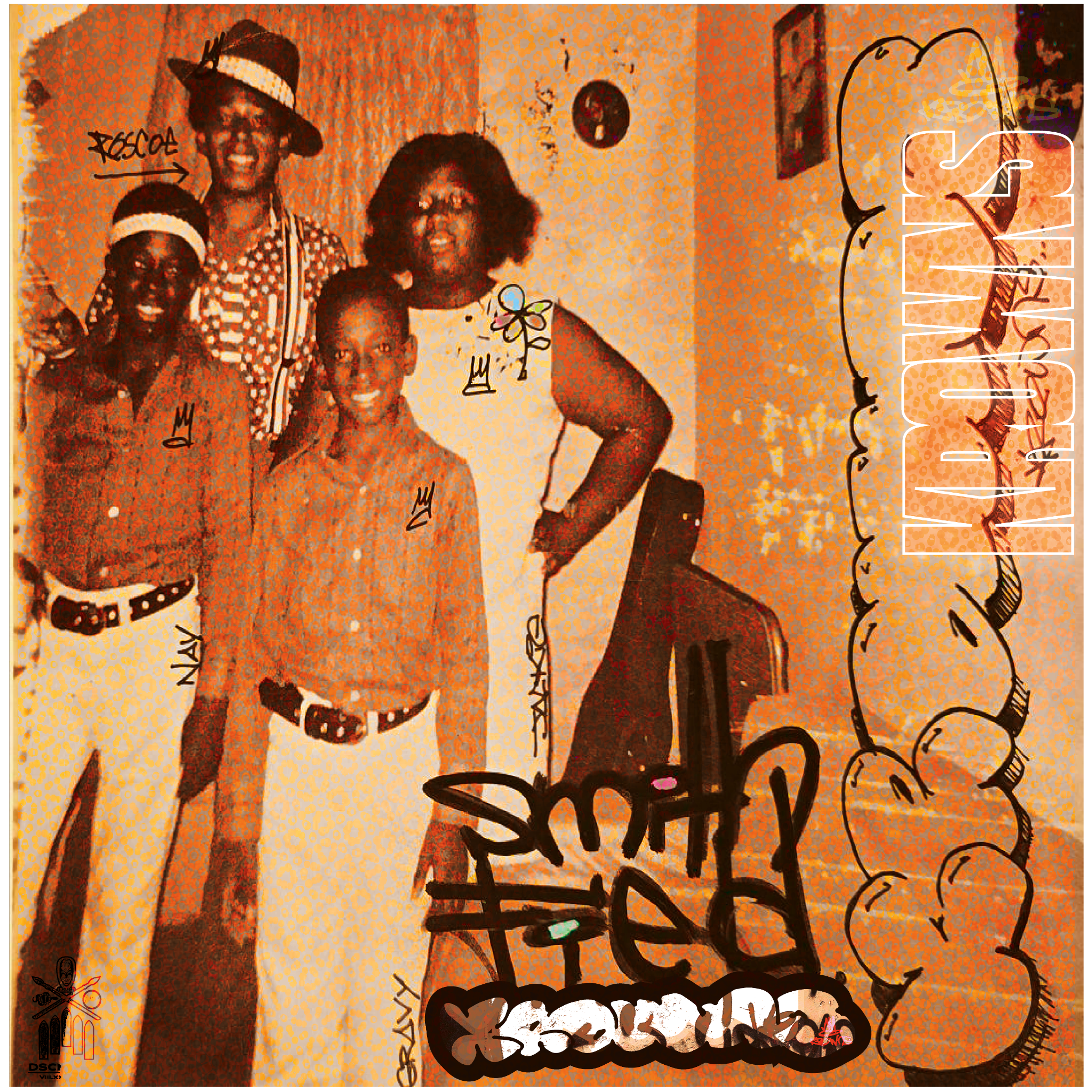 A colorful collage on a wall featuring three men, various hand-drawn doodles, and graffiti tags. One man is wearing sunglasses and a hat, another has curly hair, and the third has glasses and is talking on a phone. The wall has words like 'RESO' and 