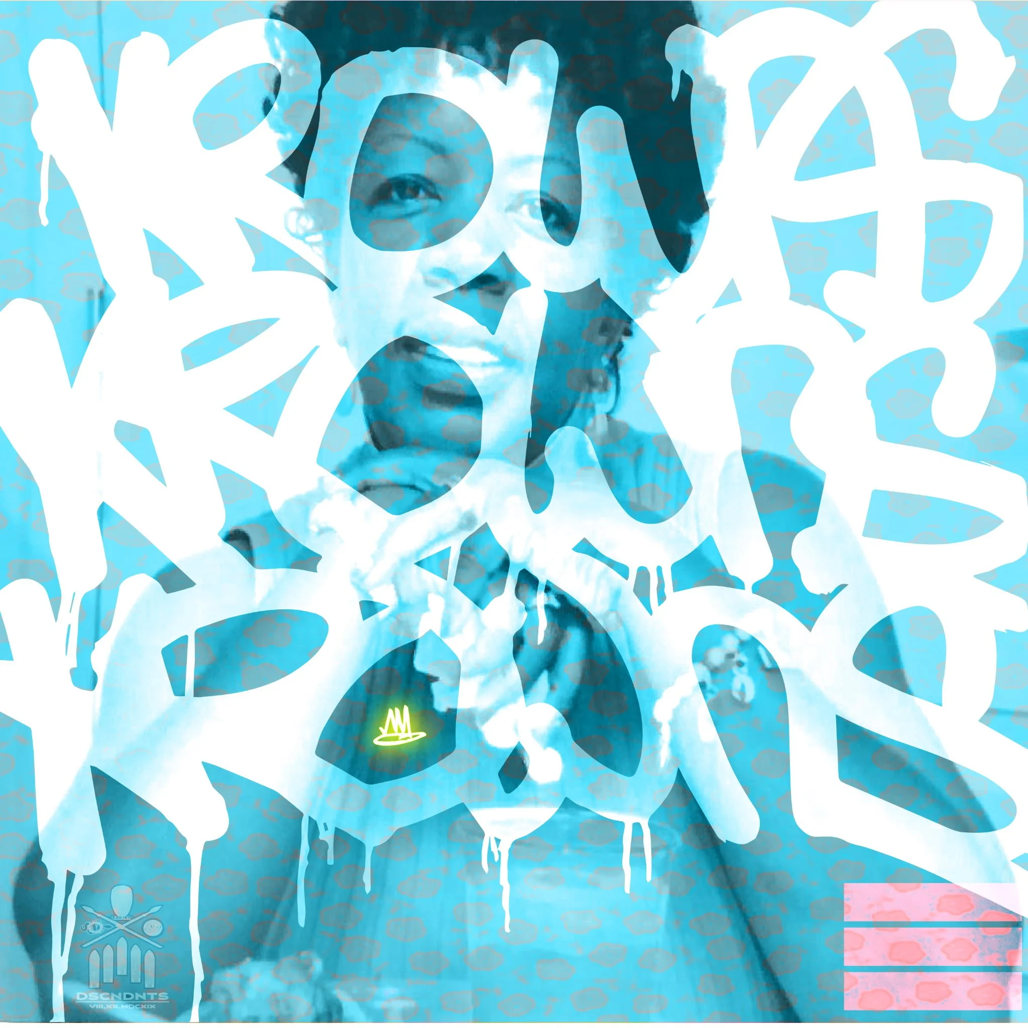 An artistic digital collage featuring a woman's face, graffiti-style text, and various layered abstract and street art elements with a blue and black color scheme.