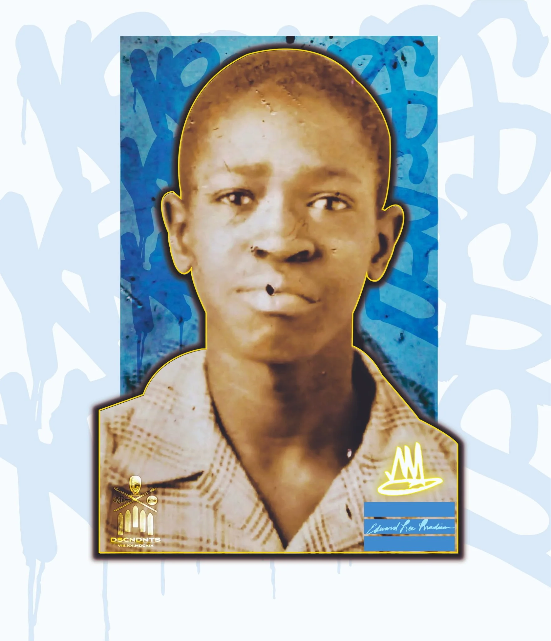 A school portrait of a young boy with short hair, wearing a collared shirt, and a graphic design with gold accents and a handwritten signature in the background.
