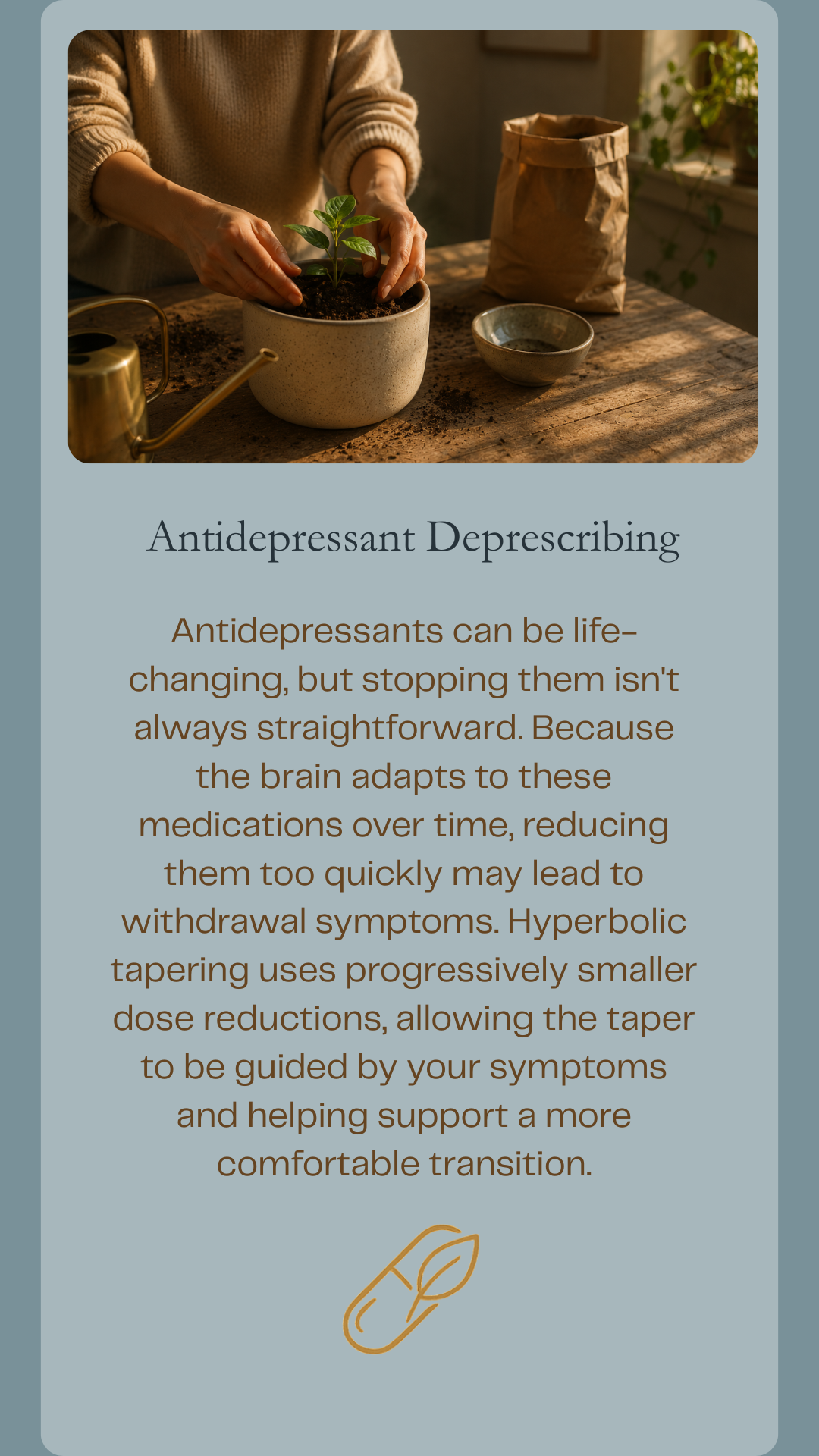 Hands planting a young seedling, representing antidepressant deprescribing, hyperbolic tapering, antidepressant withdrawal support, healing, and gradual growth.