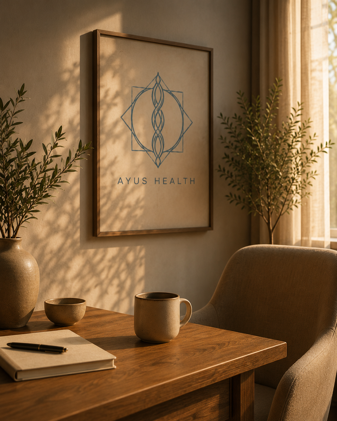 Interior of an office or consultation room with a framed artwork that says 'AYUS HEALTH', a large plant in a beige vase, a notebook with a pen, a ceramic mug, and a small bowl on a wooden table, bathed in warm sunlight.