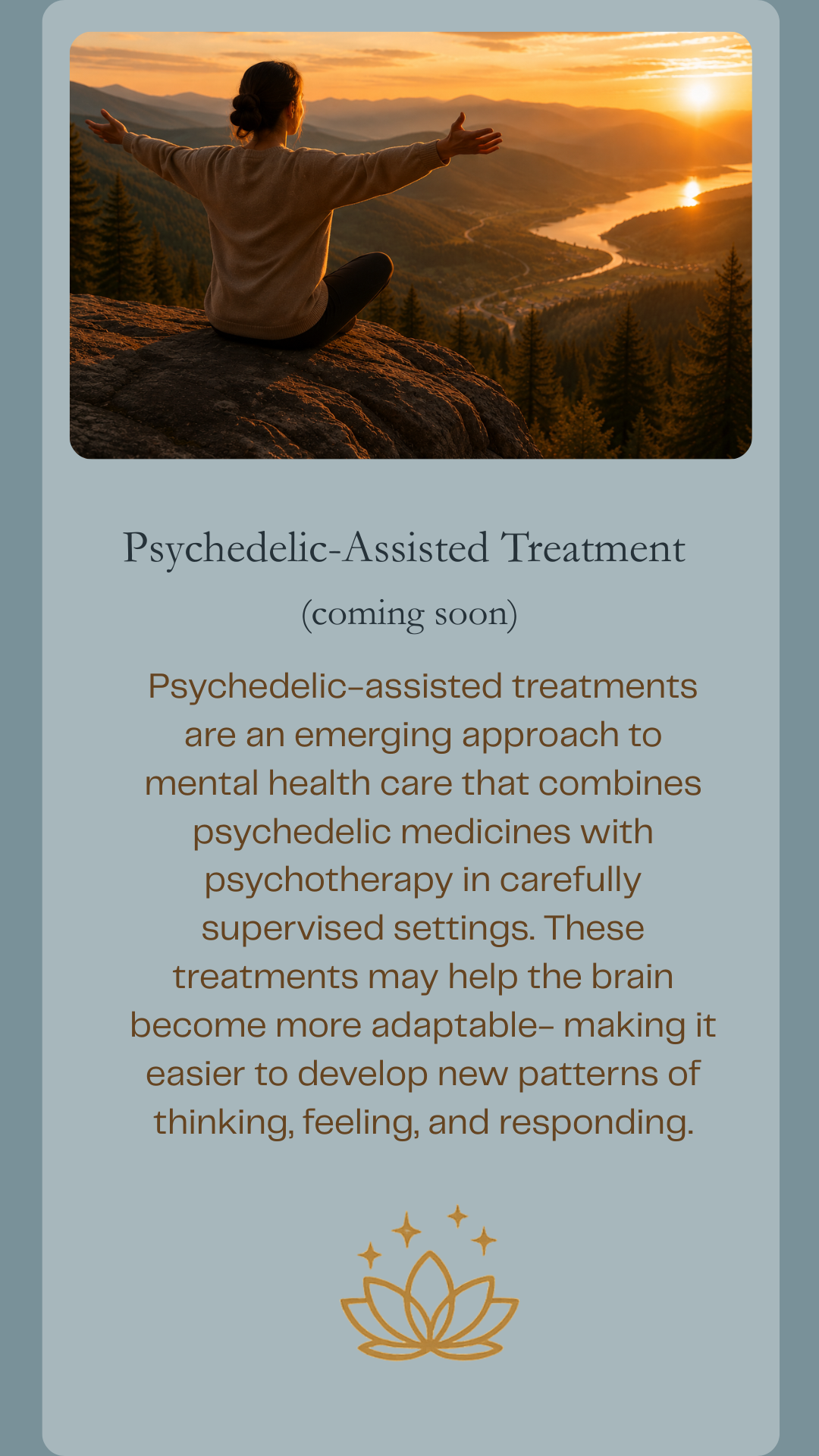 Person overlooking a peaceful mountain landscape at sunset, representing psychedelic-assisted treatment, mindfulness, meditation, reflection, neuroplasticity, and personal transformation.