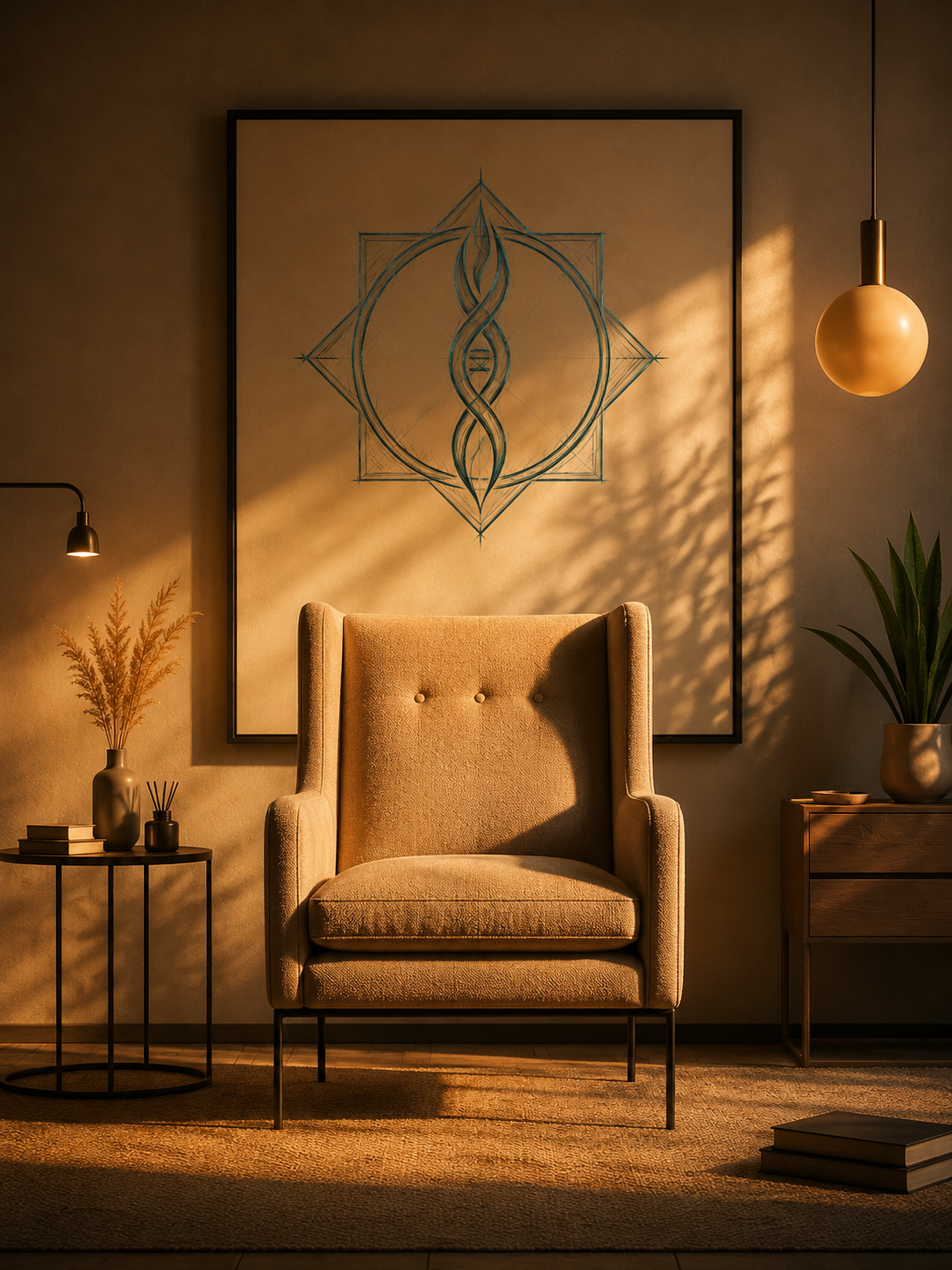 A cozy living room corner with a beige armchair, a small side table with dried plants, a large framed geometric artwork behind the chair, a hanging pendant lamp, a potted plant on a wood cabinet, and warm natural lighting.