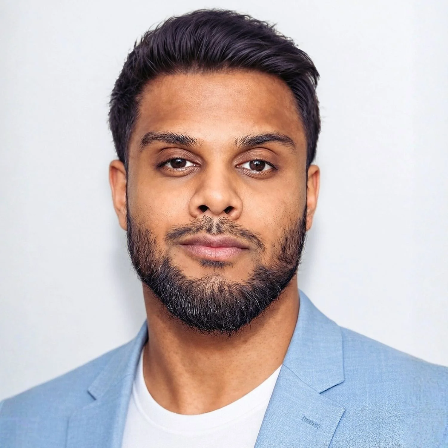 A portrait of a South Asian man, Vik Patel, founder of Ayus Health, with short dark hair, a beard, and mustache, wearing a light blue blazer over a white shirt, standing against a plain light background.