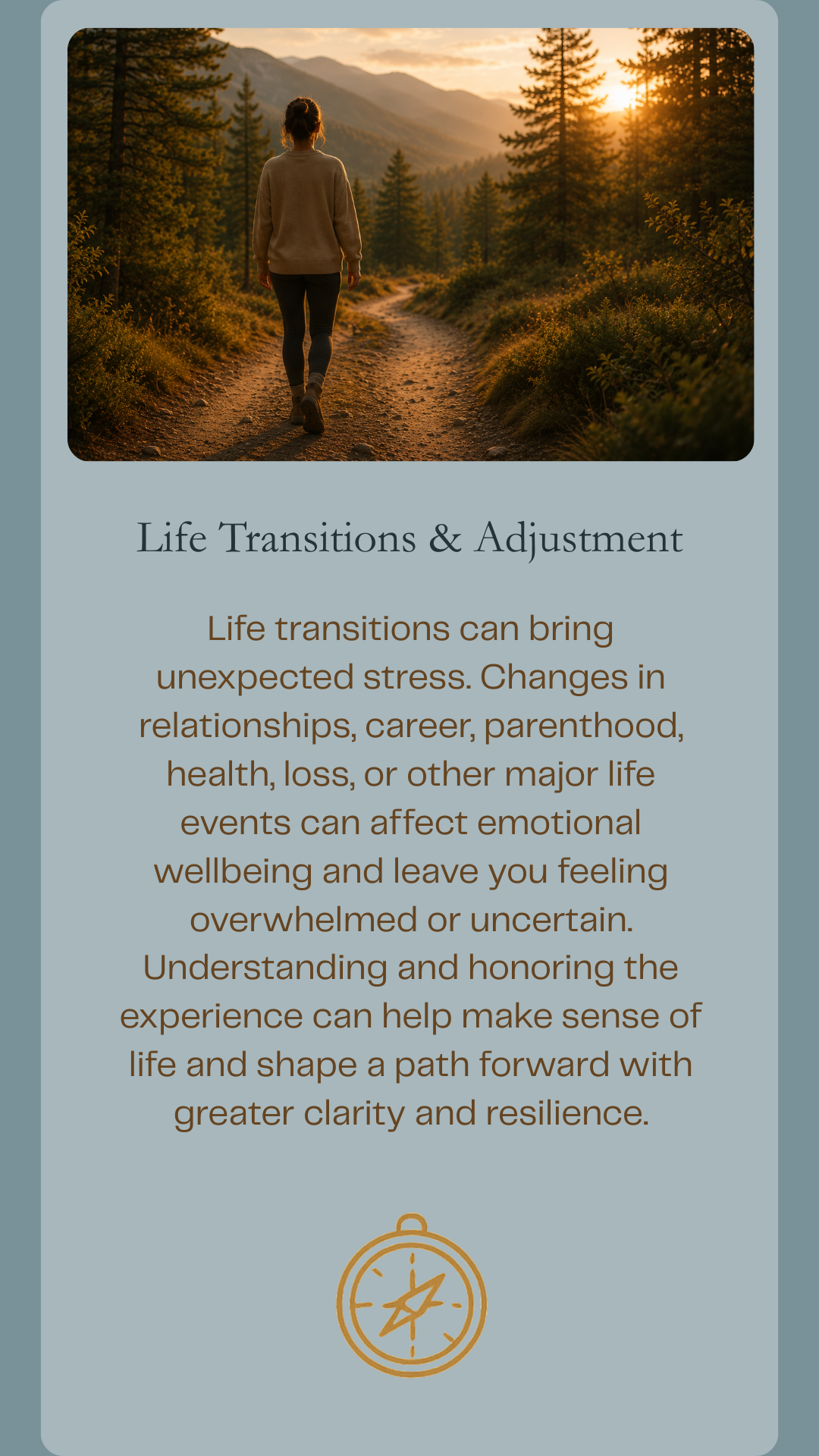 Individual walking a mountain trail at sunset, representing life transitions, resilience, personal growth, adjustment, and finding direction through change.