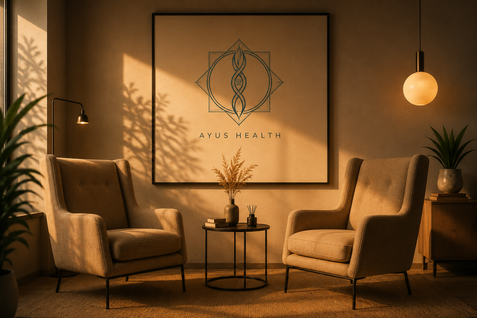 A cozy waiting room with two beige armchairs, a round black coffee table with plants, books, and a small diffuser. The room has warm lighting from a wall-mounted lamp and a spherical pendant light, with decorative plants and a large framed logo on the wall that says 'AYUS HEALTH.'