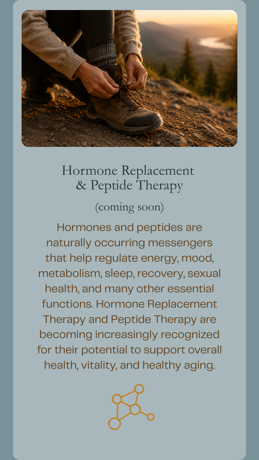 Person lacing hiking boots before an outdoor adventure, representing hormone replacement therapy, peptide therapy, vitality, healthy aging, energy, and wellness.