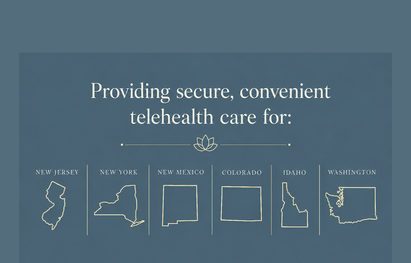 A digital graphic that emphasizes secure telehealth care services across various states in the U.S., including New Jersey, New York, New Mexico, Colorado, Idaho, and Washington, each represented by outlined state maps.