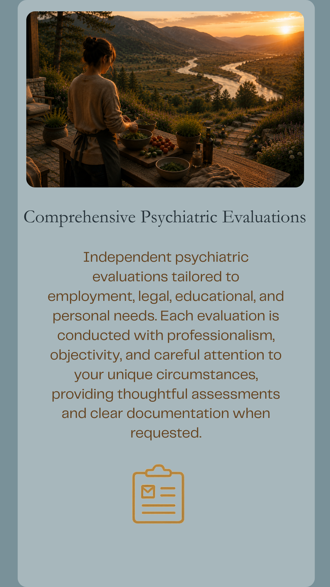 Individual preparing a healthy meal overlooking a scenic landscape, representing comprehensive psychiatric evaluations, holistic mental health assessment, and personalized care.
