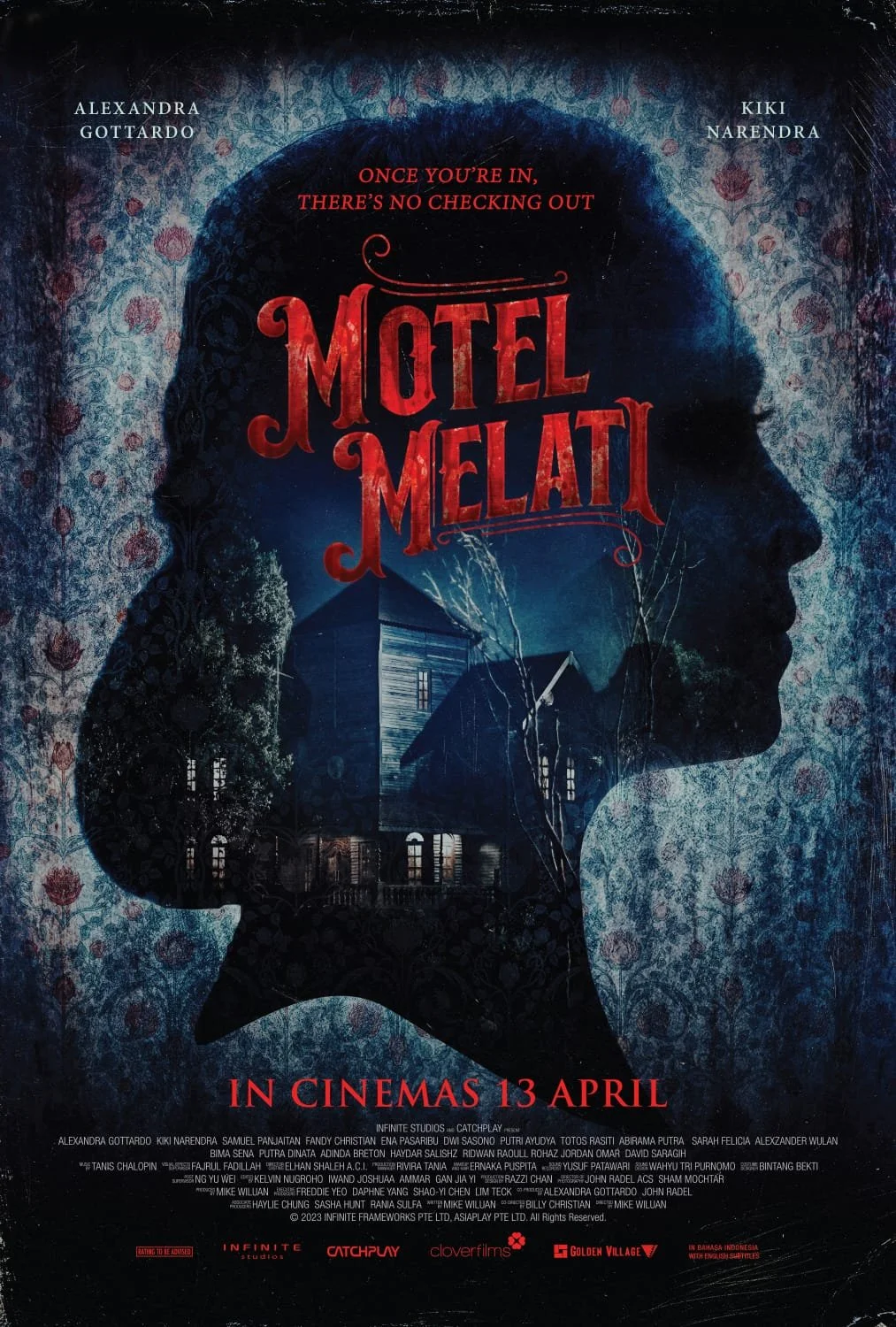 A horror movie poster for 'Motel Melati', featuring a silhouette of a woman's profile with a house and trees inside it, against a dark, textured background with floral patterns. Text indicates the film stars Alexandra Gottardo and Kiki Narendra, and it is in cinemas starting April 13.