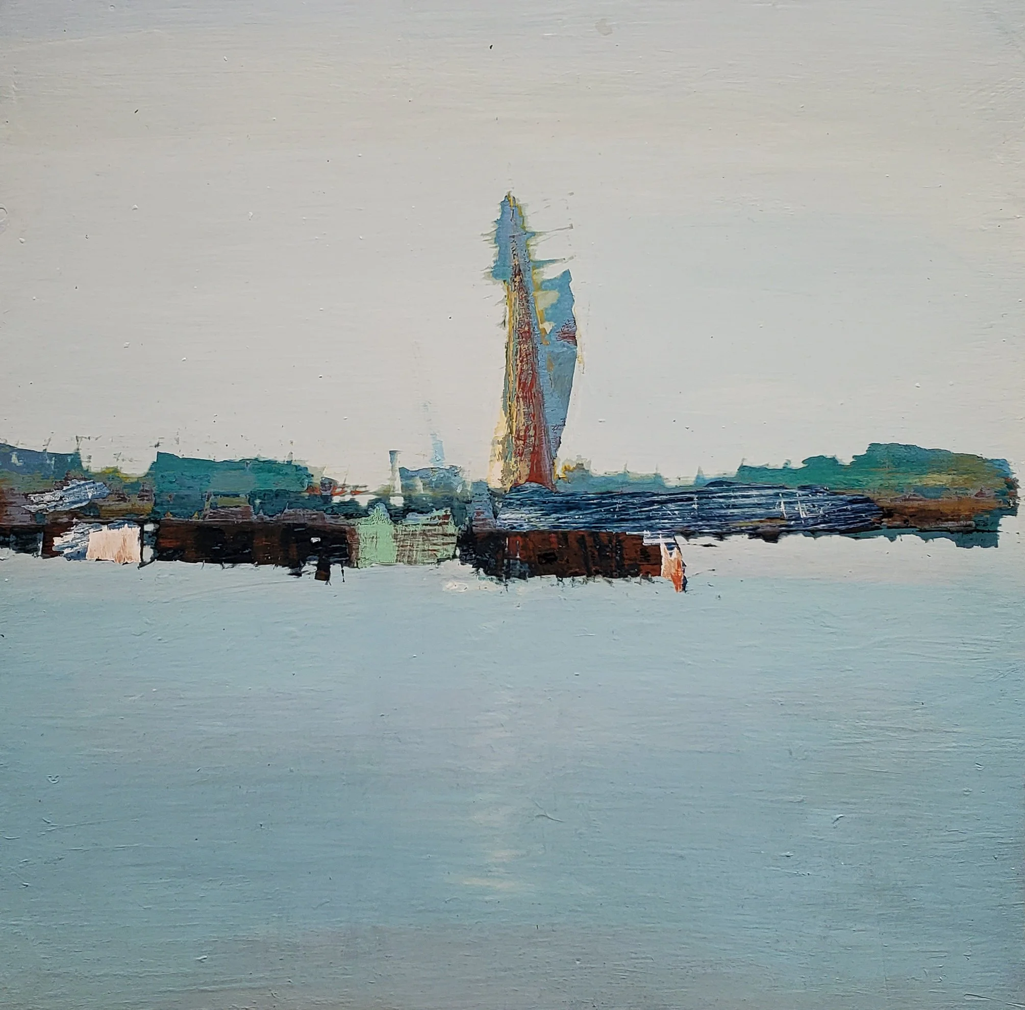 Aurelio Torres, City by the Sea I, 2025, oil on birch panel