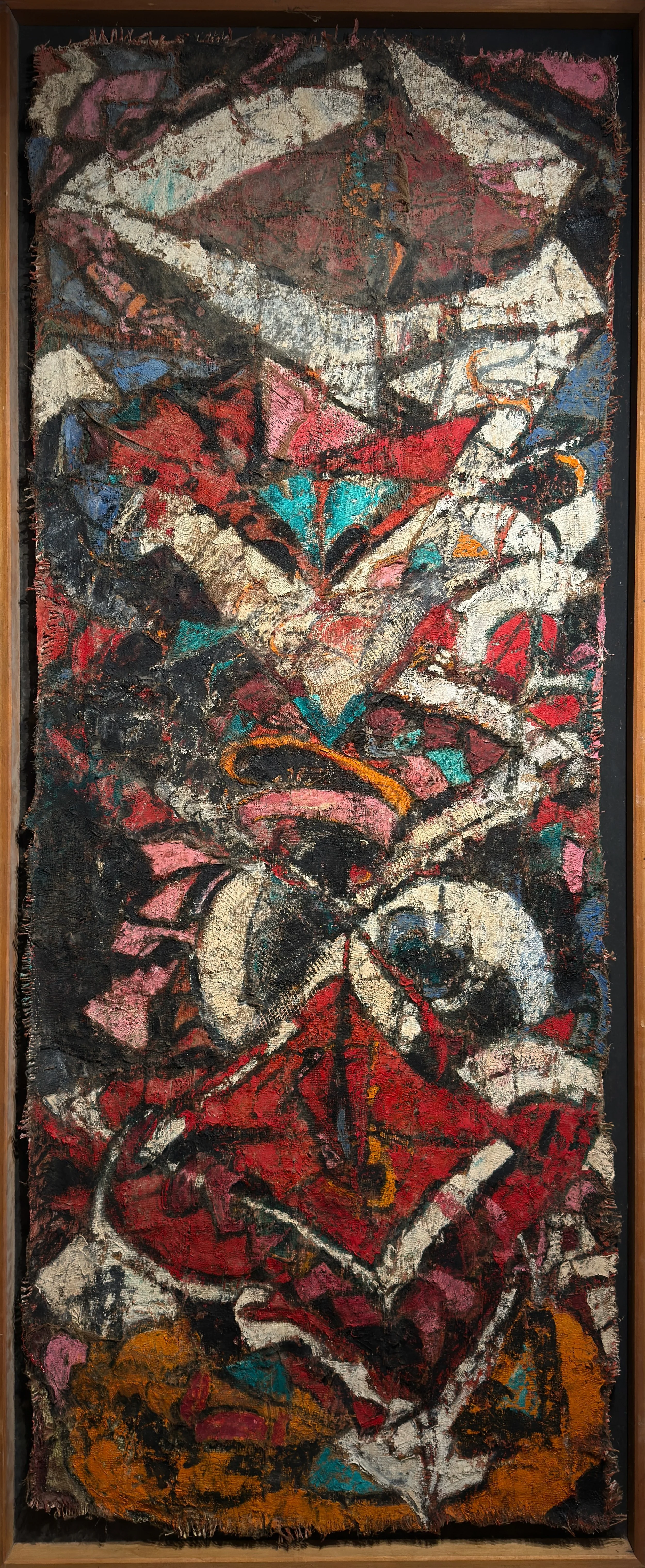 Hildy Maze, Source of Dharmas, 1986, tall vertical oil on mixed media with layered red, white and black geometric forms and frayed edges