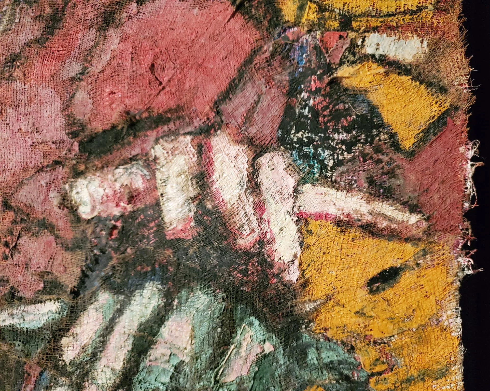 Detail of a painting by Hildy Maze, oil on burlap and cheesecloth, c. 1985–1987, from Vajrayogini’s Awakening at Gallery 851
