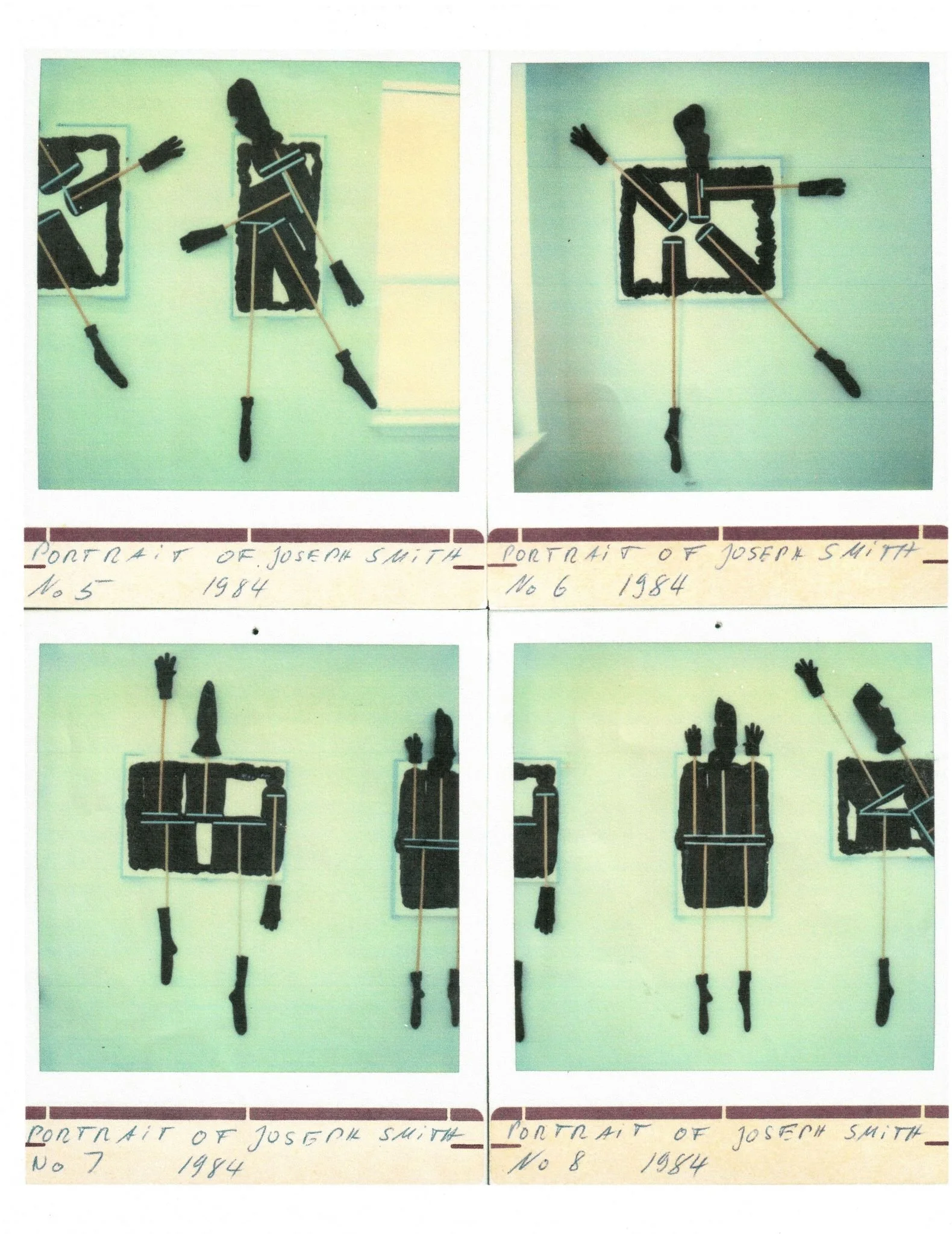 Silhouette illustrations of people in various poses, created using black cut-out shapes and tanwood sticks, attached on a green paper background, with handwritten notes below.