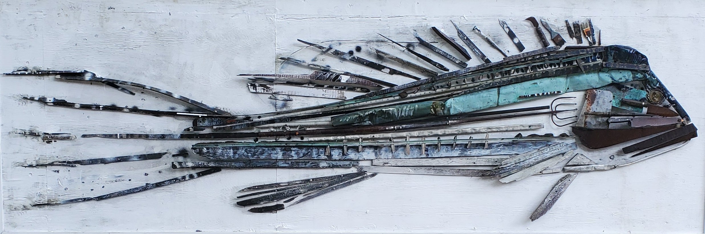 Mica Marder, Black Sea Bass, 2019, assemblage on wood panel