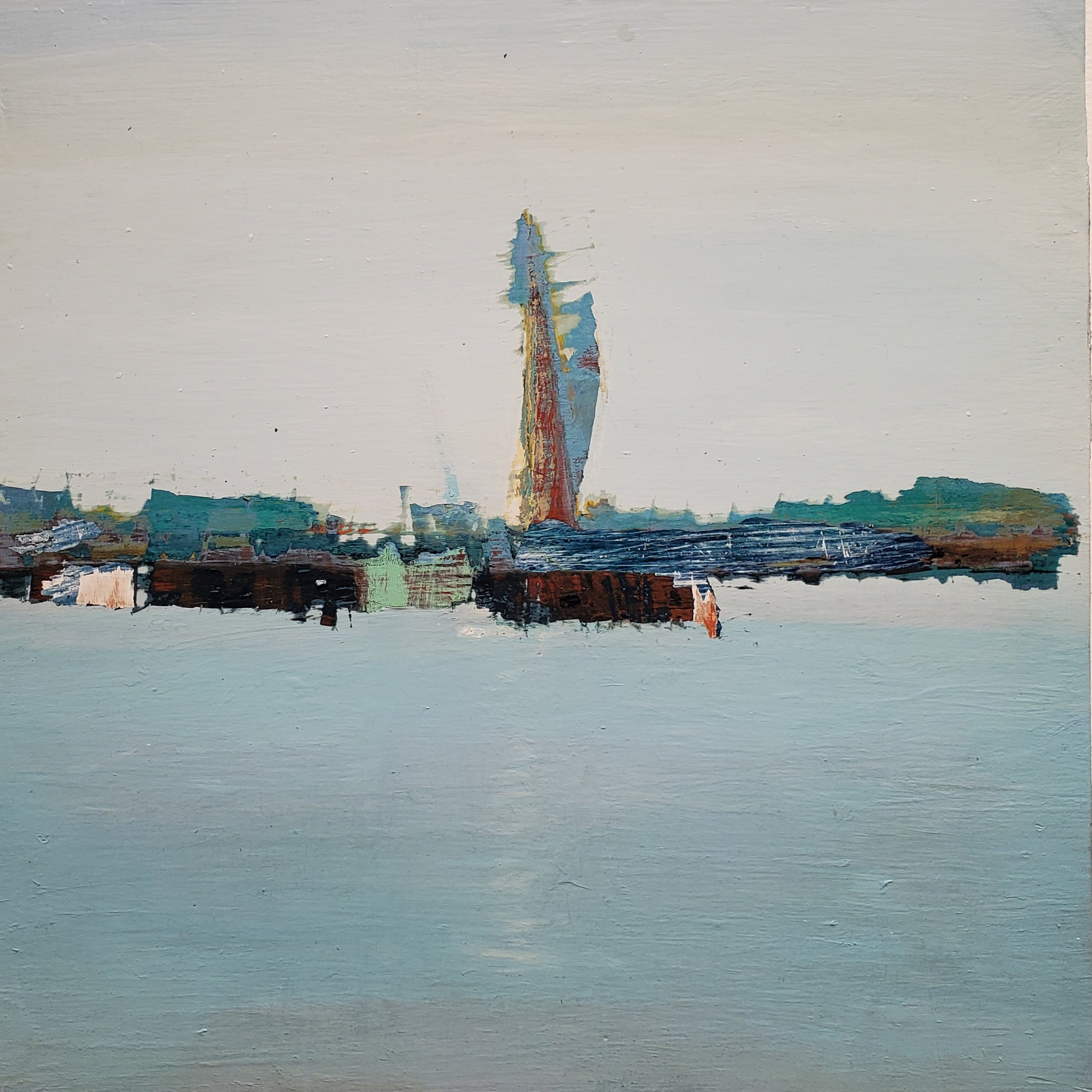 Aurelio Torres, City by the Sea I, 2025, oil on birch panel