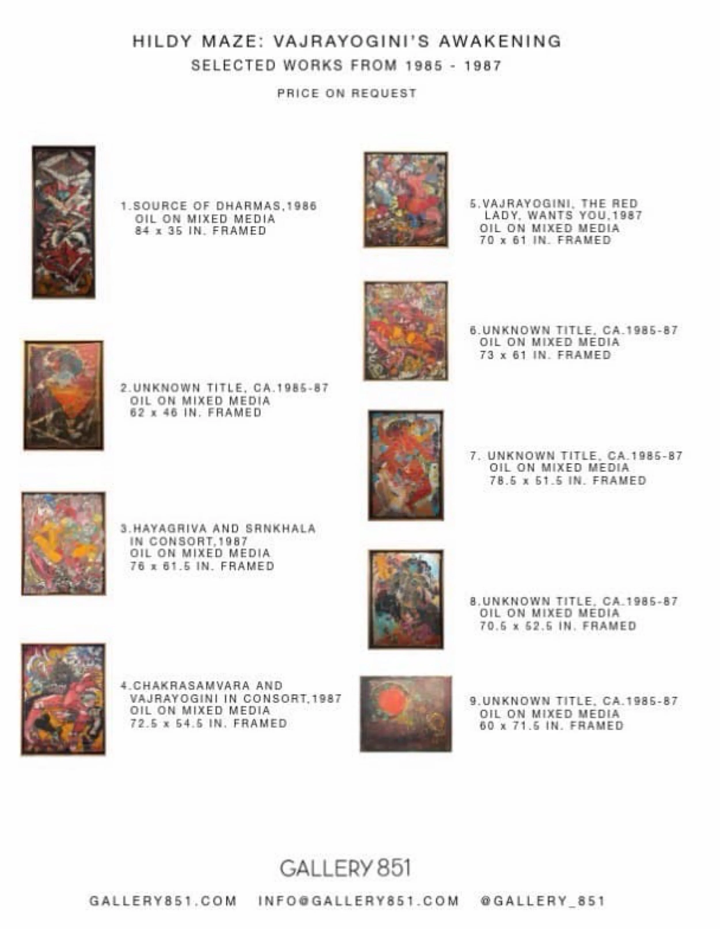 Exhibition checklist for Hildy Maze: Vajrayogini's Awakening at Gallery 851, listing nine paintings in oil on mixed media, 1985–1987