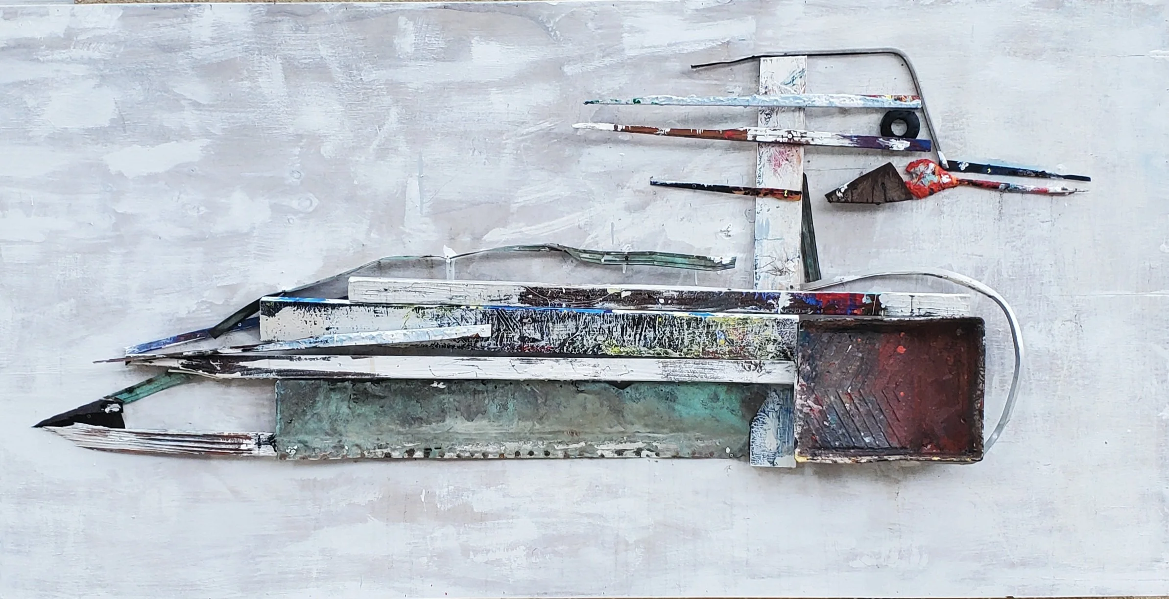 Mica Marder, Red-Breasted Merganser, 2024, assemblage on wood panel