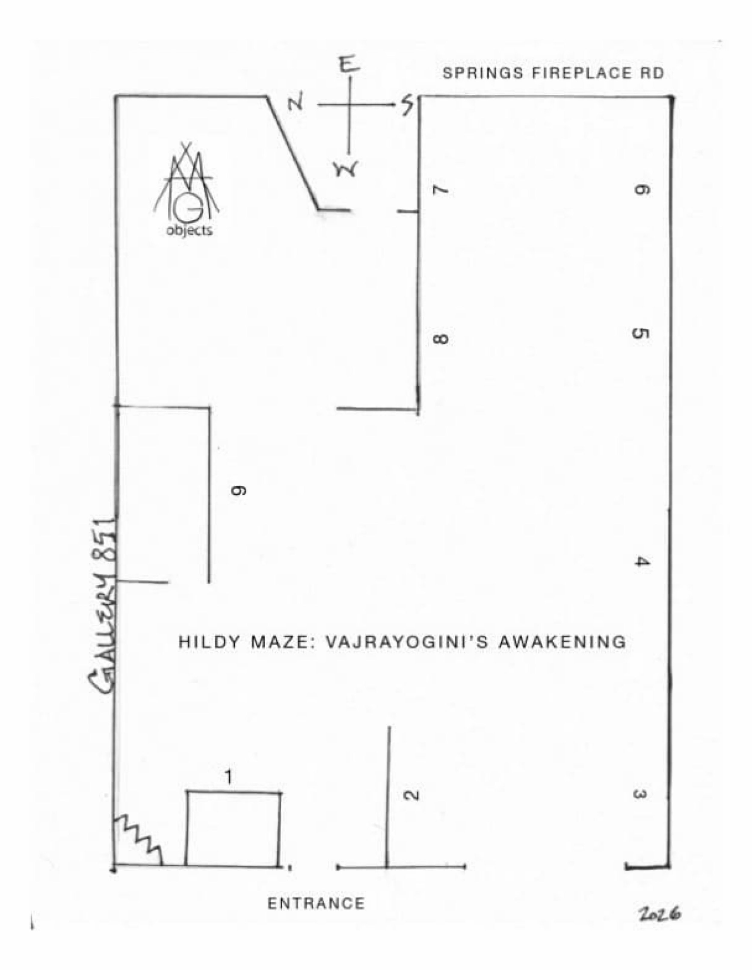 Floor plan of Gallery 851 for Hildy Maze: Vajrayogini's Awakening, showing numbered artwork locations 1–9, the entrance and Springs Fireplace Road