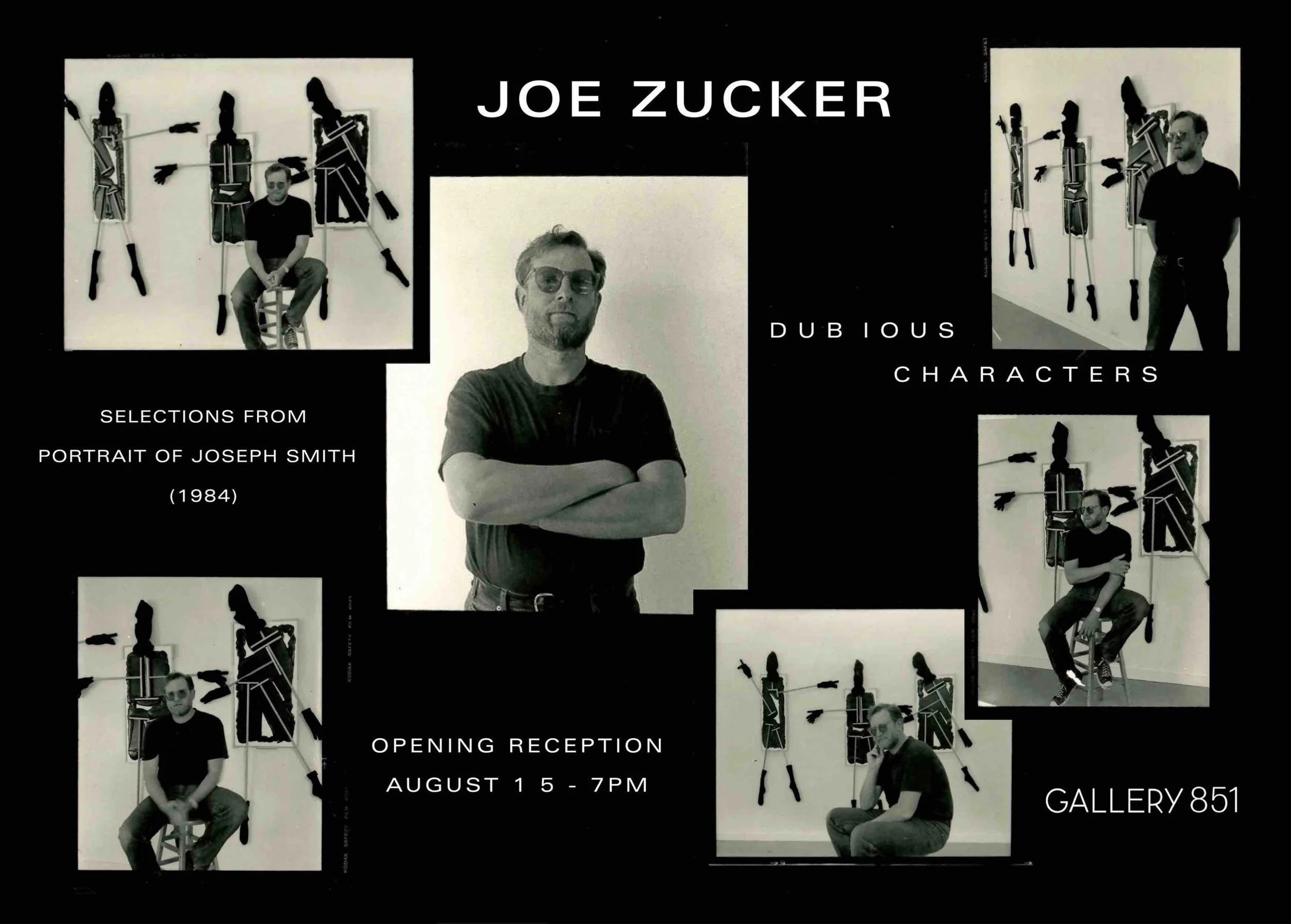 Announcement card for Joe Zucker: Dubious Characters at Gallery 851, front