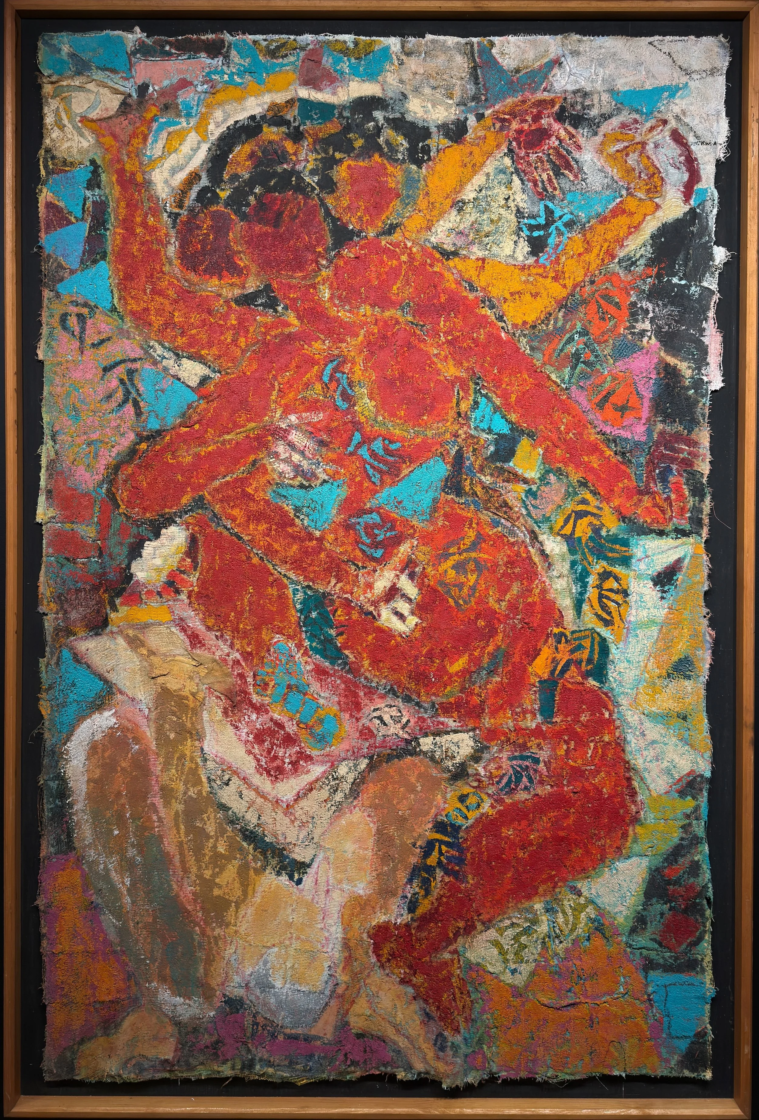Hildy Maze, unknown title, ca. 1985–87, multi-armed red-orange dancing figure against a turquoise patchwork background