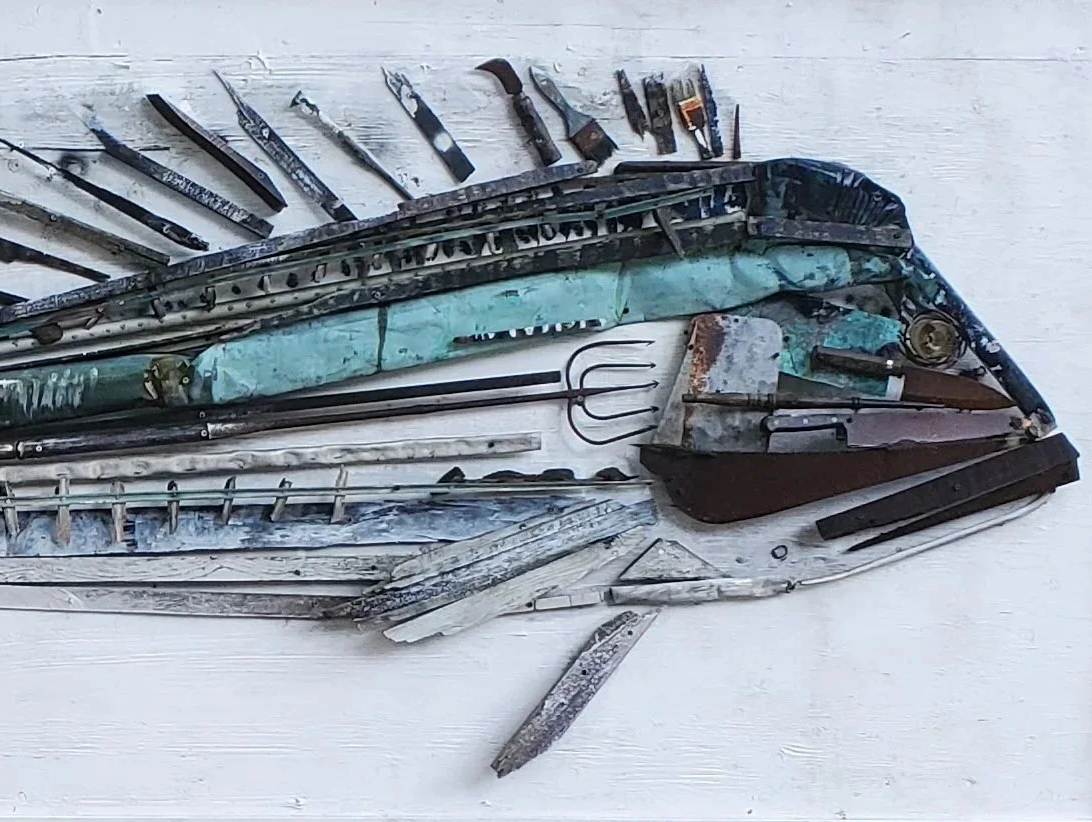 Mica Marder, Black Sea Bass, 2019, assemblage on wood panel