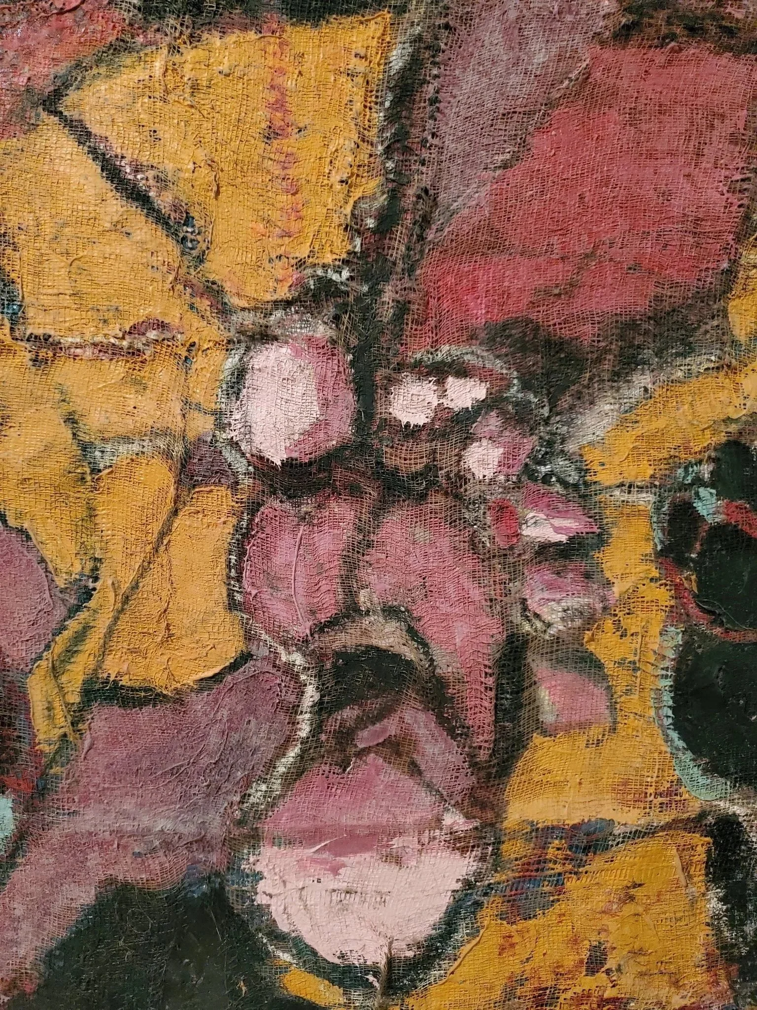 Close-up of a textured floral painting with pink, yellow, black, and green colors, featuring large flowers and dark accents.