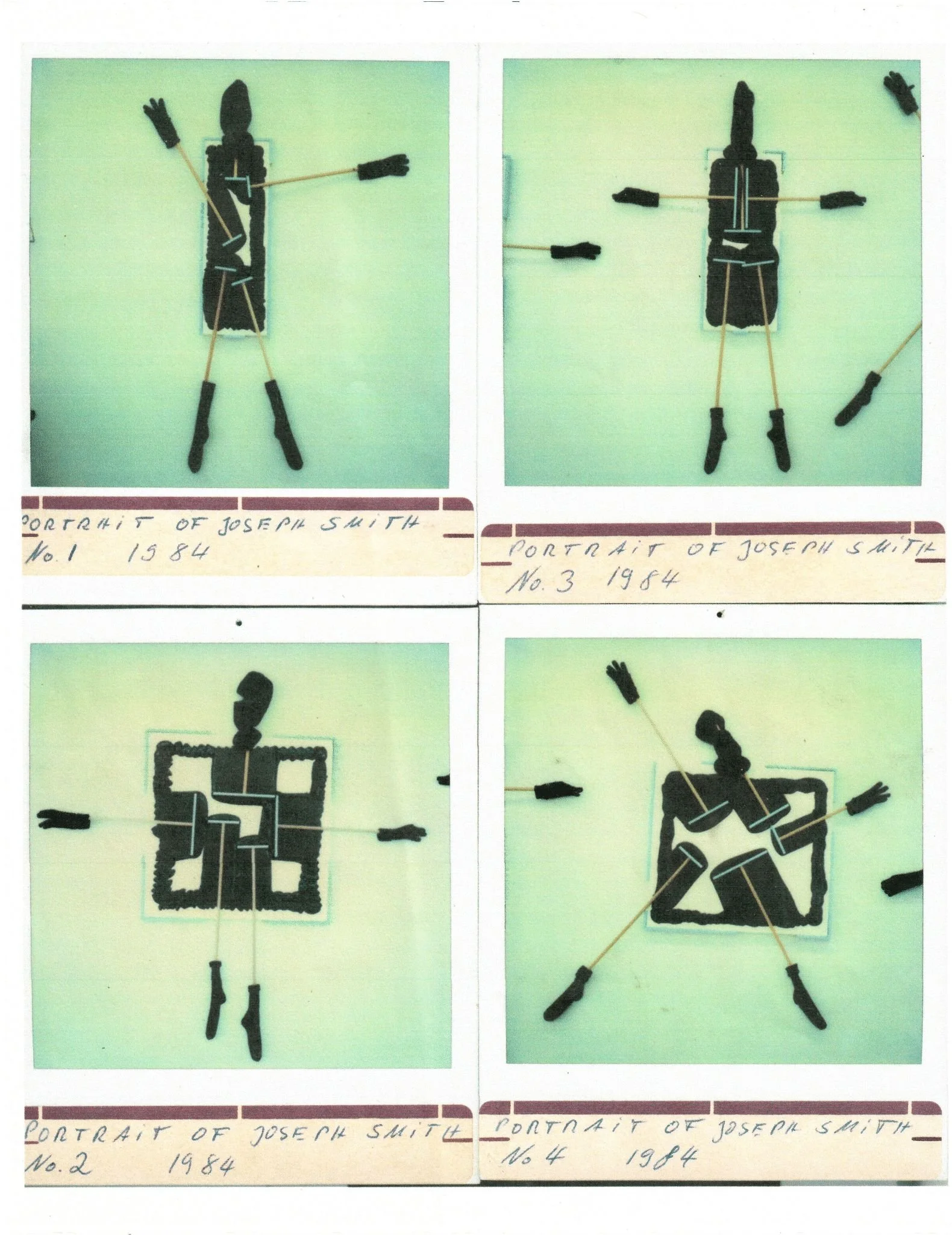 Photographs of toy soldiers made from black strips and matchsticks, arranged in different poses on white background, labeled as portraits of Joseph Smith from 1984.