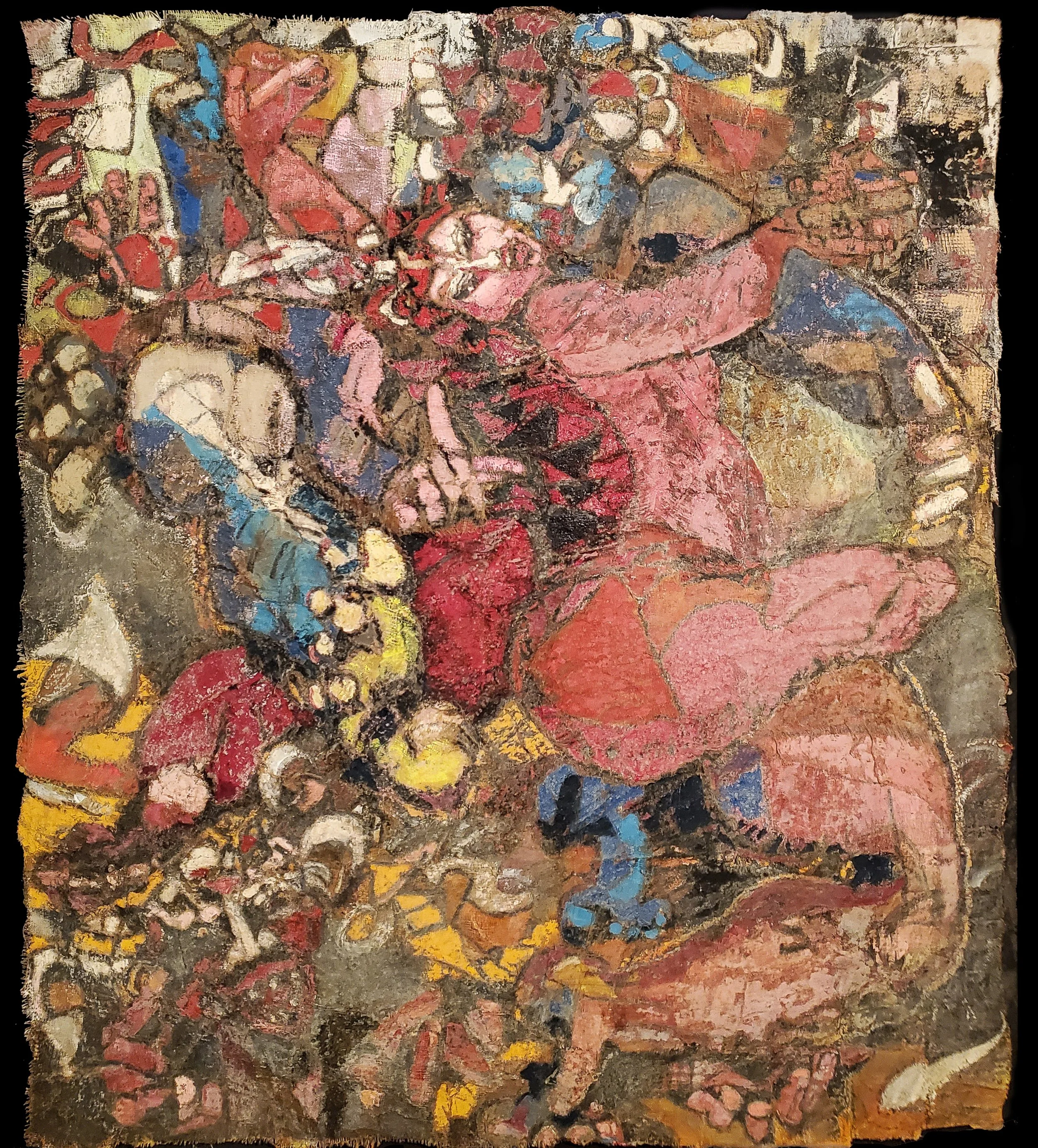 Close-up of an abstract oil painting with vibrant colors including pinks, reds, blues, yellows, and browns, featuring textured, expressive brushstrokes and overlapping shapes.