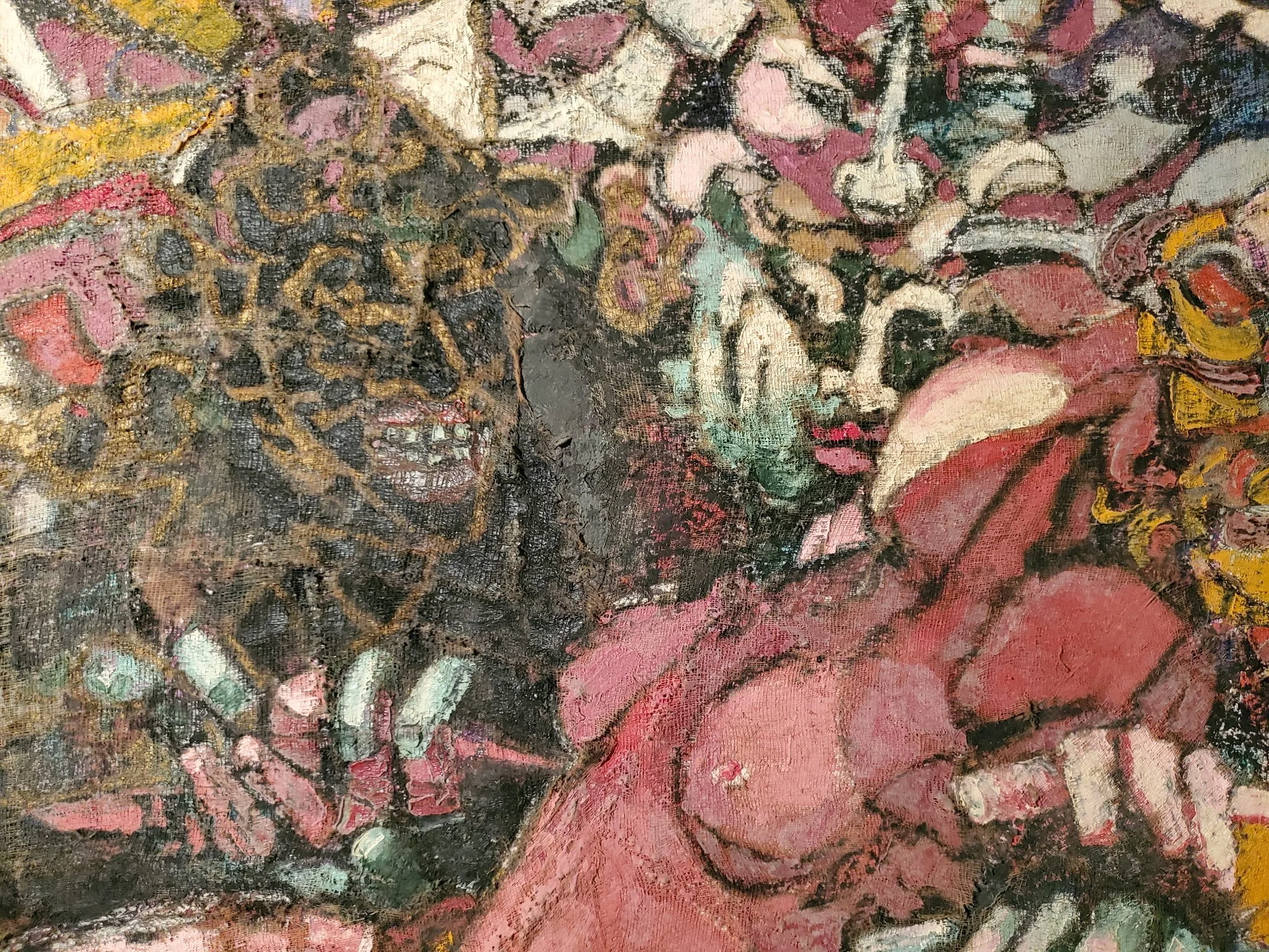 Detail of a painting by Hildy Maze, oil on burlap and cheesecloth, c. 1985–1987, from Vajrayogini’s Awakening at Gallery 851