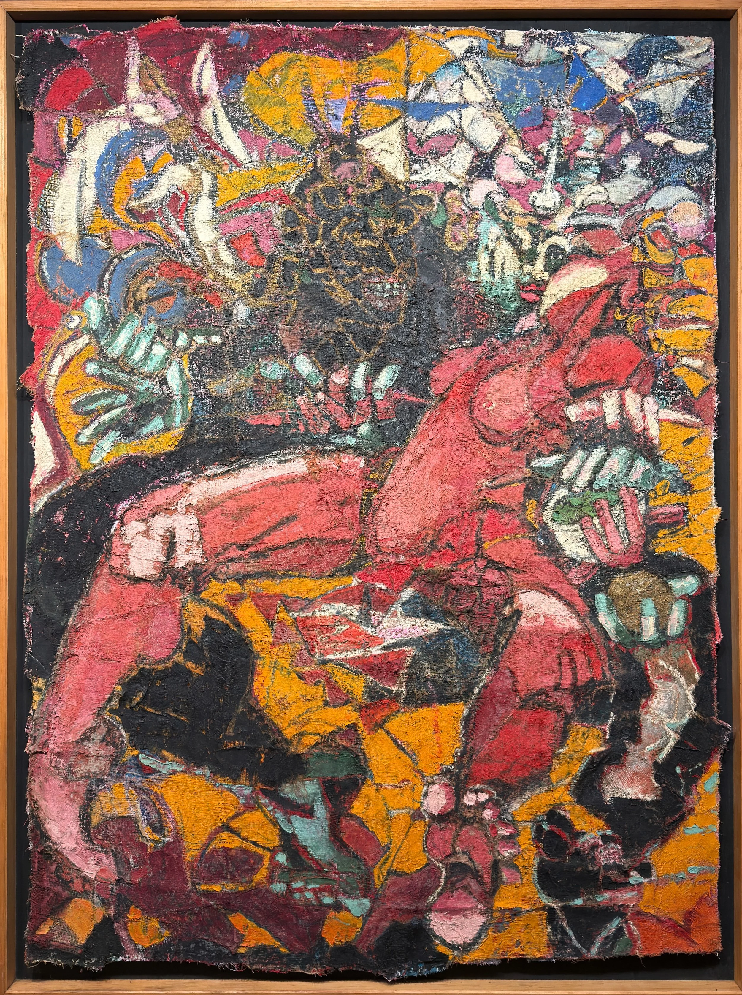 Hildy Maze, Chakrasamvara and Vajrayogini in Consort, 1987, dark deity embracing a red figure on an orange and yellow ground