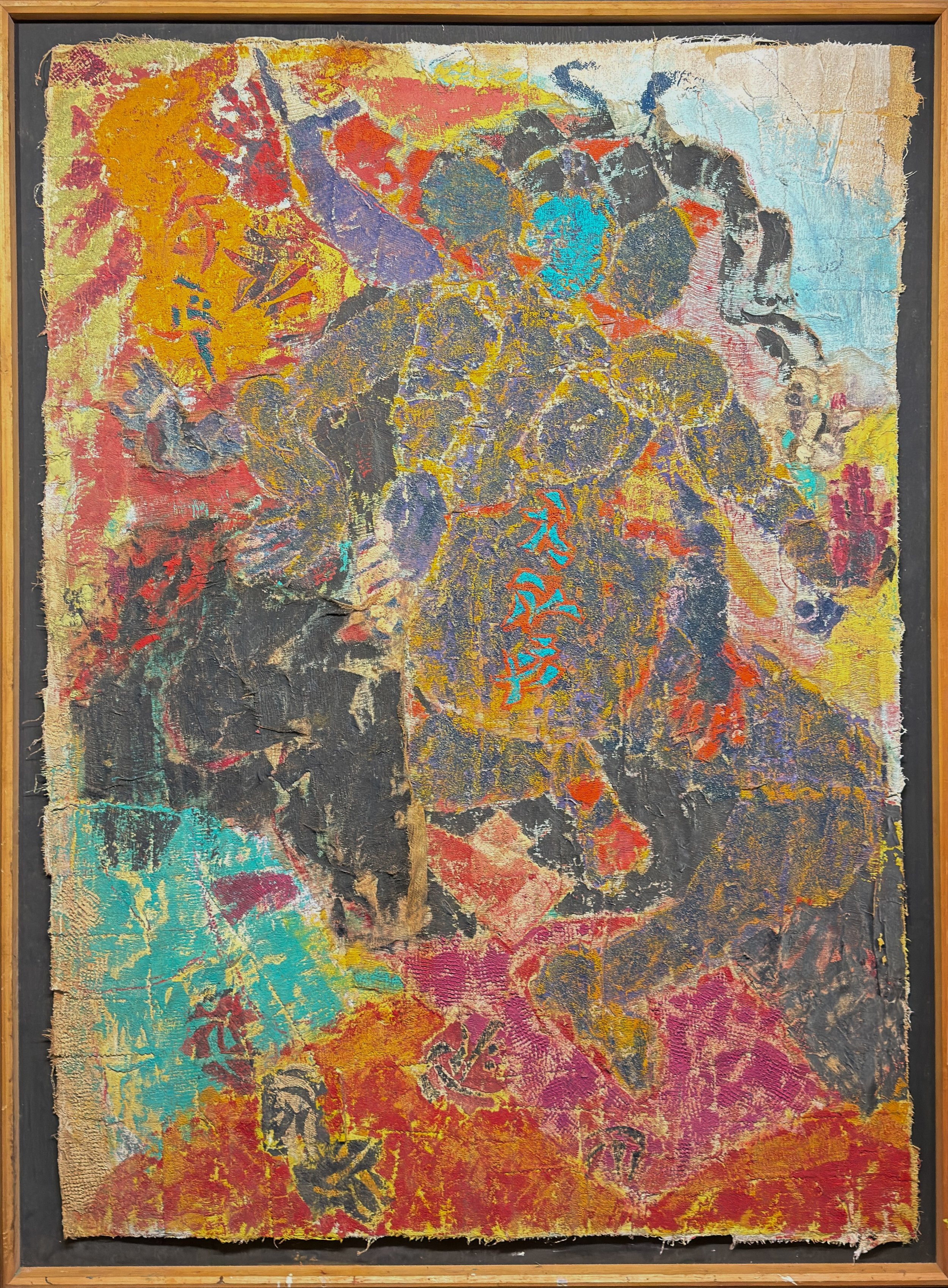 Hildy Maze, unknown title, ca. 1985–87, dark multi-armed figure outlined in gold over red, teal and orange fields