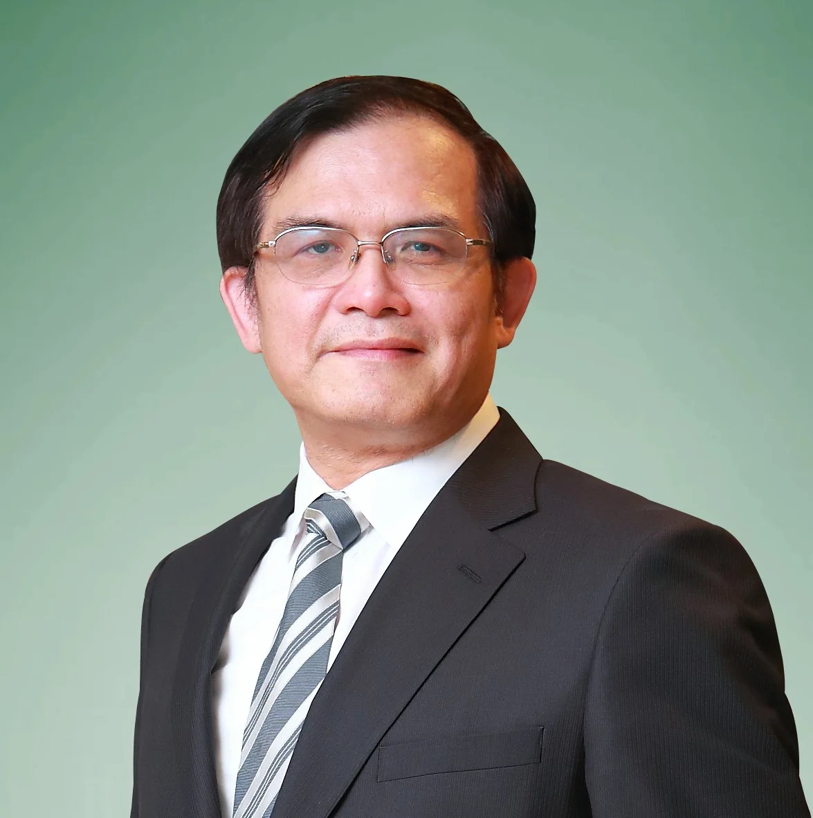 A professionally dressed man with glasses, short black hair, wearing a black suit, white shirt, and striped tie, posed against a green background.