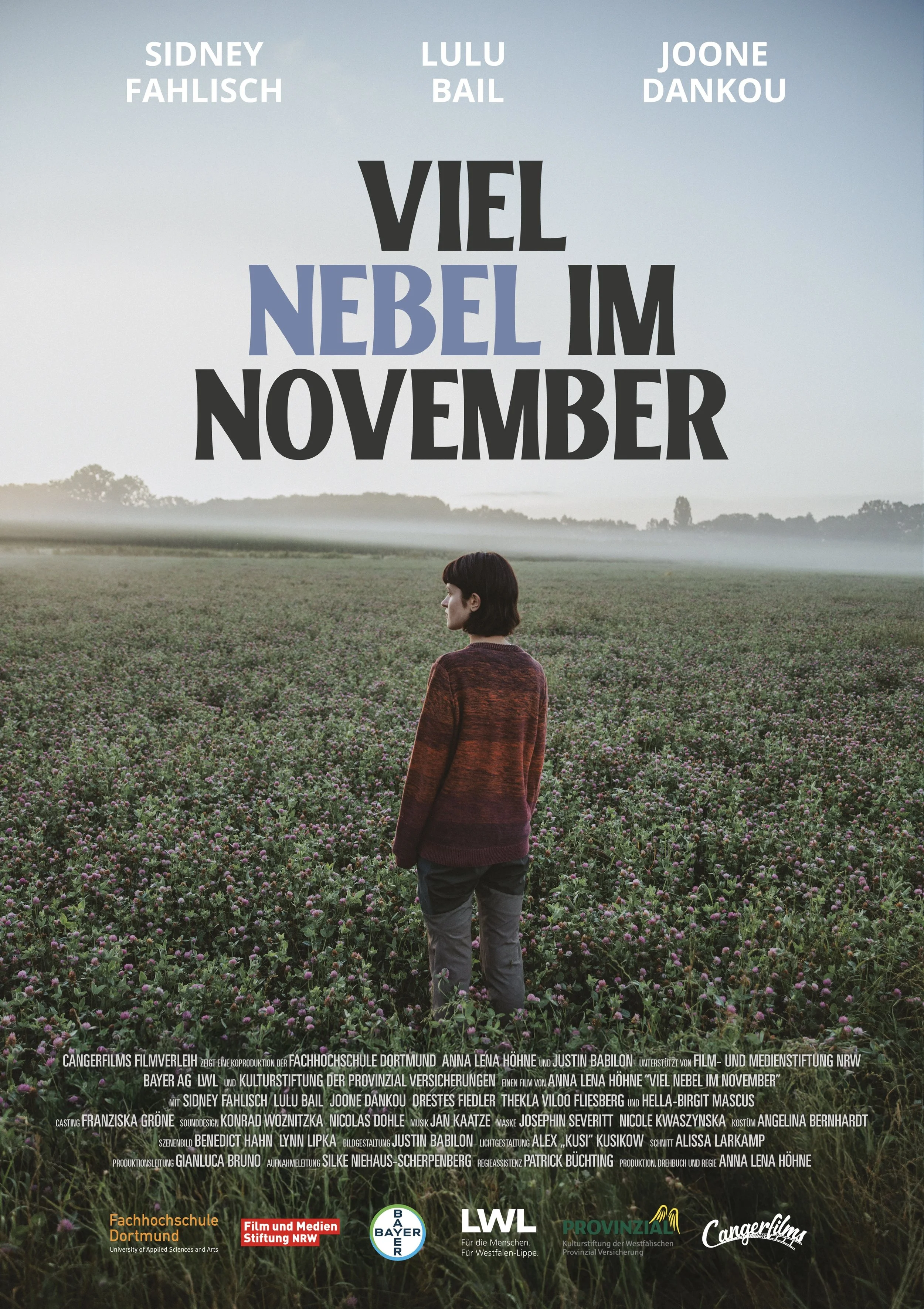 A person with short dark hair wearing a red-brown sweater stands in a field of pink and green plants, facing away, with a misty horizon and trees in the distance, and overlaying text in German referring to a film titled "Viel Nebel im November".