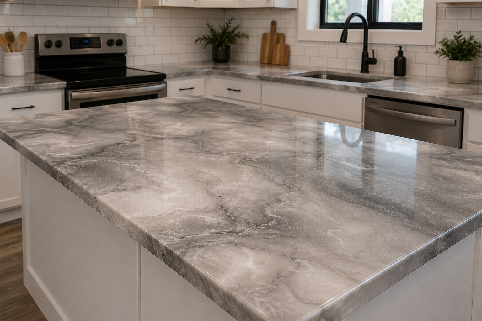 Epoxy countertop designed to look like marble countertops.